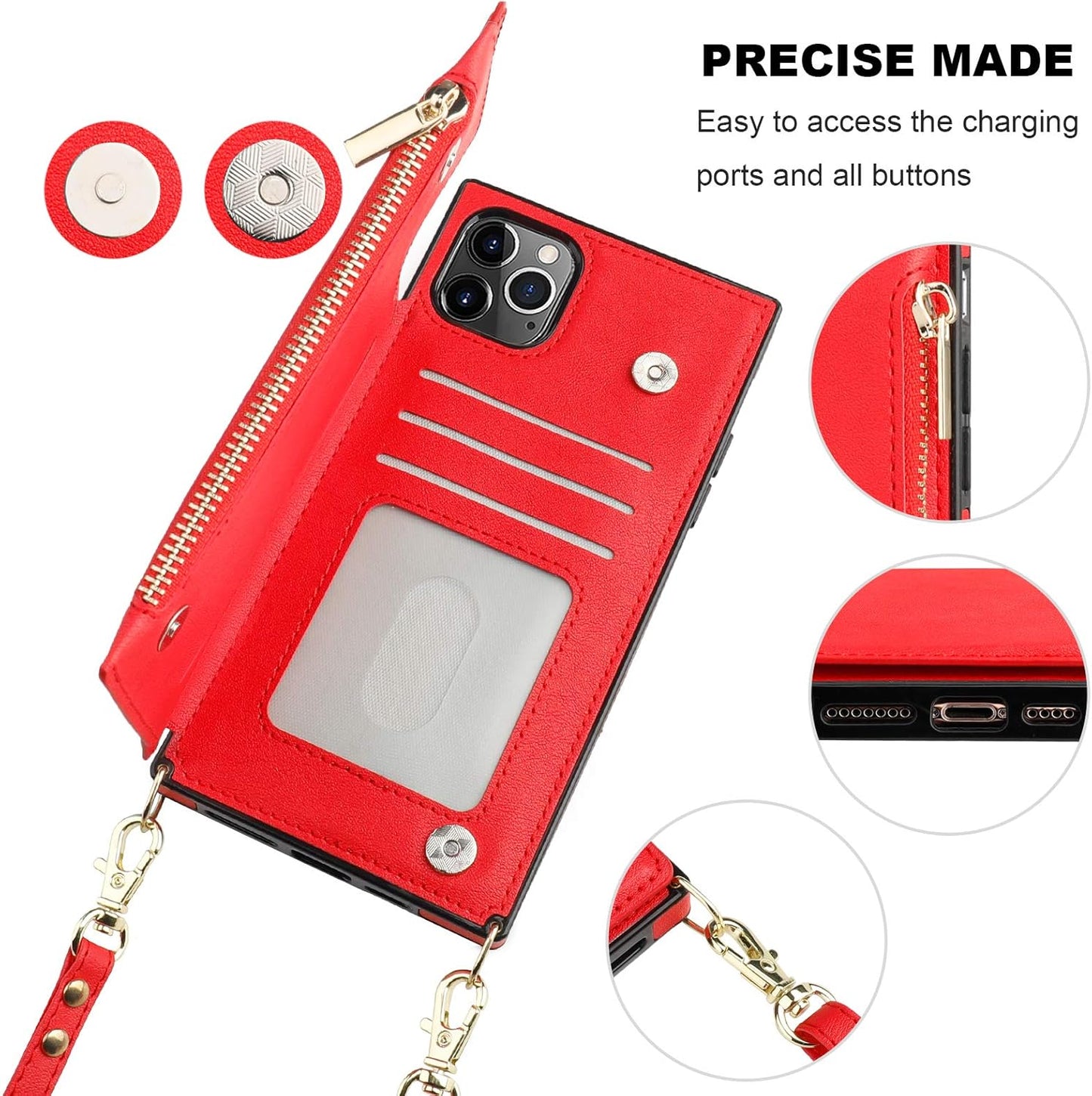 Bocasal Crossbody Wallet Case for iPhone 11 Pro Max with Card Holder,Zipper Card Slot Protector Shockproof Purse Cover with Removable Cross Body Strap 6.5 Inch(Red)