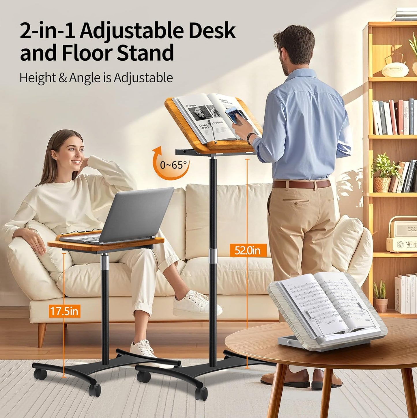 NAMON Laptop Floor Stand with Wheels - 2 in 1 Dual-use Floor & Desk Stand, Solid Wood and Height Adjustable from 16.5" to 51", Stable Small Standing Desk for Office, Home, Study