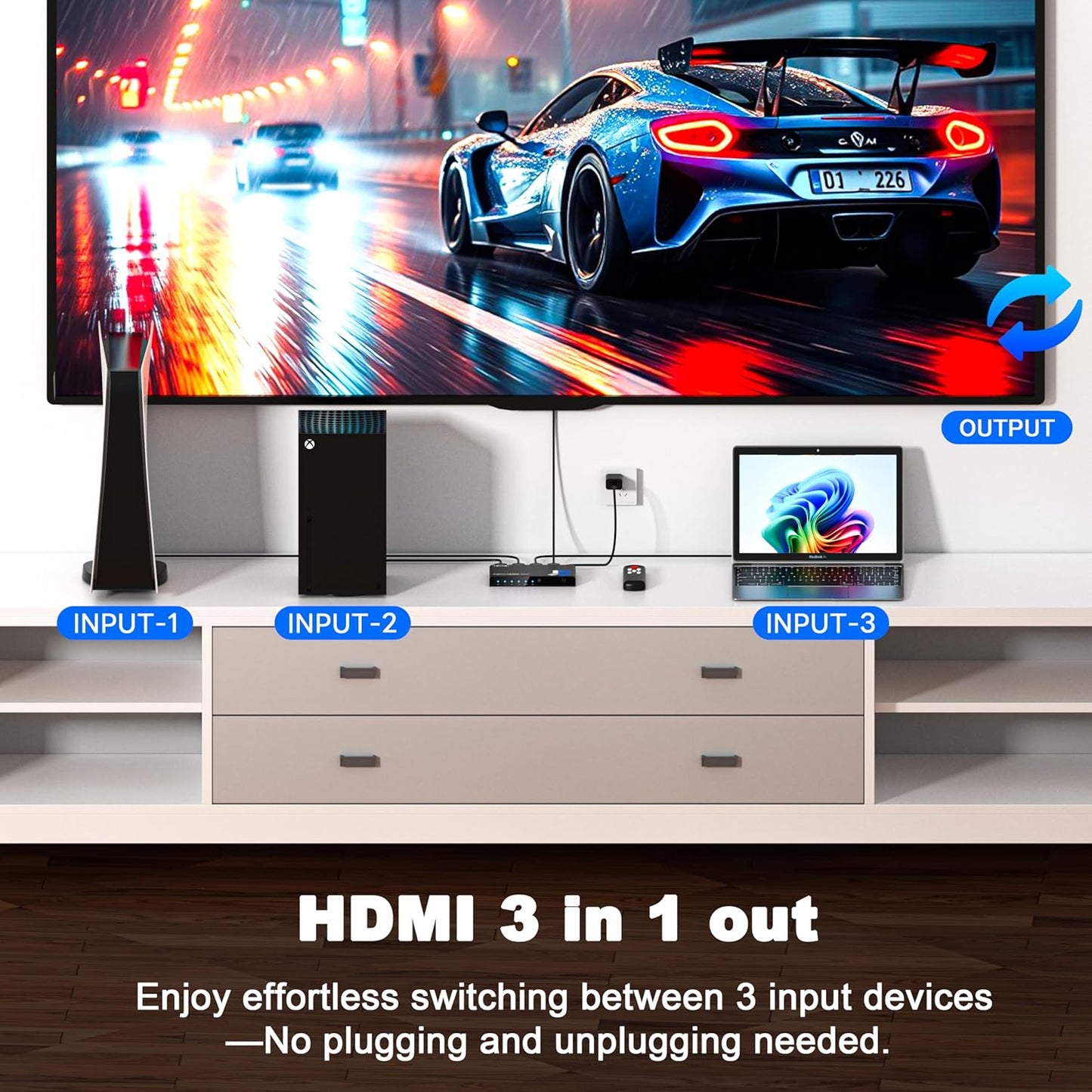 HDMI Switch 3 in 1 Out, 4K@60Hz Switcher, Auto-Switching HDMI 2.0 Switcher with Remote, HDCP 2.2/HD R/3D, Works with PS5/PS4/Switch/Xbox/PC