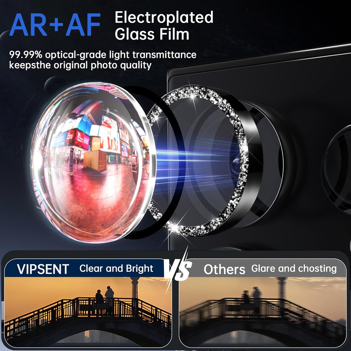 For Samsung Galaxy S23 Ultra Camera Lens Protector, Individual Lens Protector, Ultra HD 9H Tempered Glass Screen Protective Cover, Anti-scratch, Military Grade Drop Protection 2 Set. (Glitter Black, S23 Ultra)