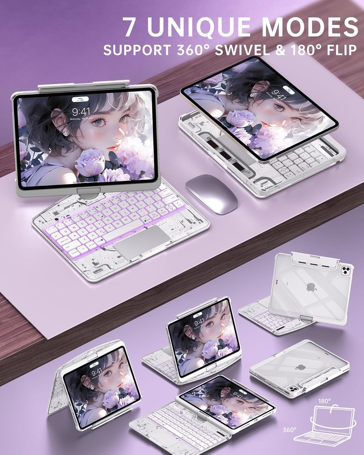 Intermerge Clear iPad A16 11th & 10th Generation 10.9" Case with Keyboard, 360° Transparent Multi-Touch Trackpad, 7-Color RGB Keyboard, Pencil Holder, Type-C, Power Indicator, Frost Pulse