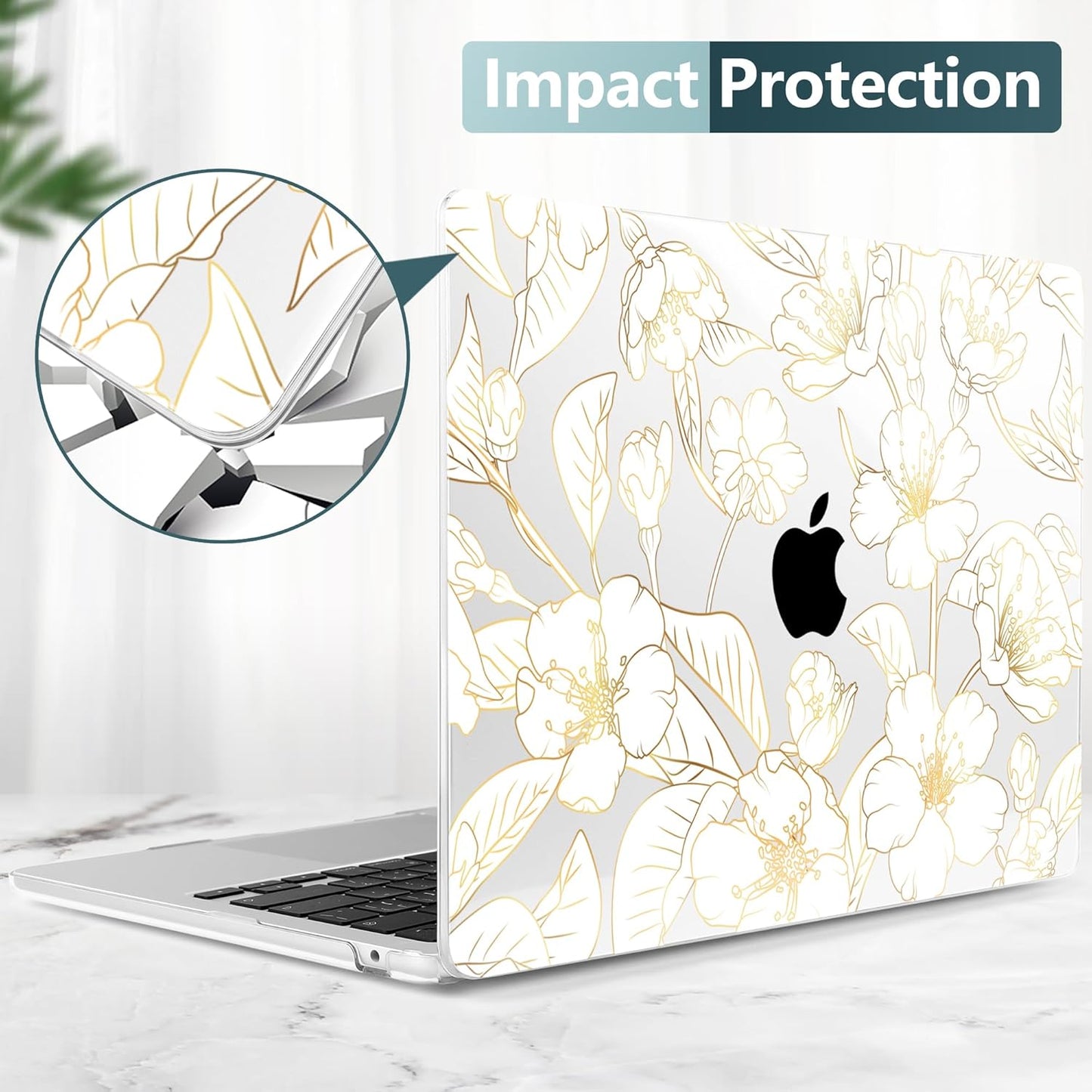 TWOLSKOO Compatible with M4 MacBook Air 15 inch Case 2025-2023 Released Model M4 A3241 M3 A3114 M2 A2941, Plastic Hard Shell & Screen Protector & Keyboard Cover & Type C Adapter, Gold Cherry Blossom