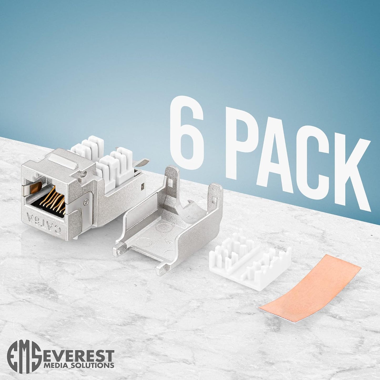 Everest Media Solutions RJ45 Shielded Keystone Jack - 6-Pack - Slim Profile, 90 Degrees, F/STP Female Connector - Tested for CAT5e, CAT6, CAT6A, CAT7 - up to 10GB Speed