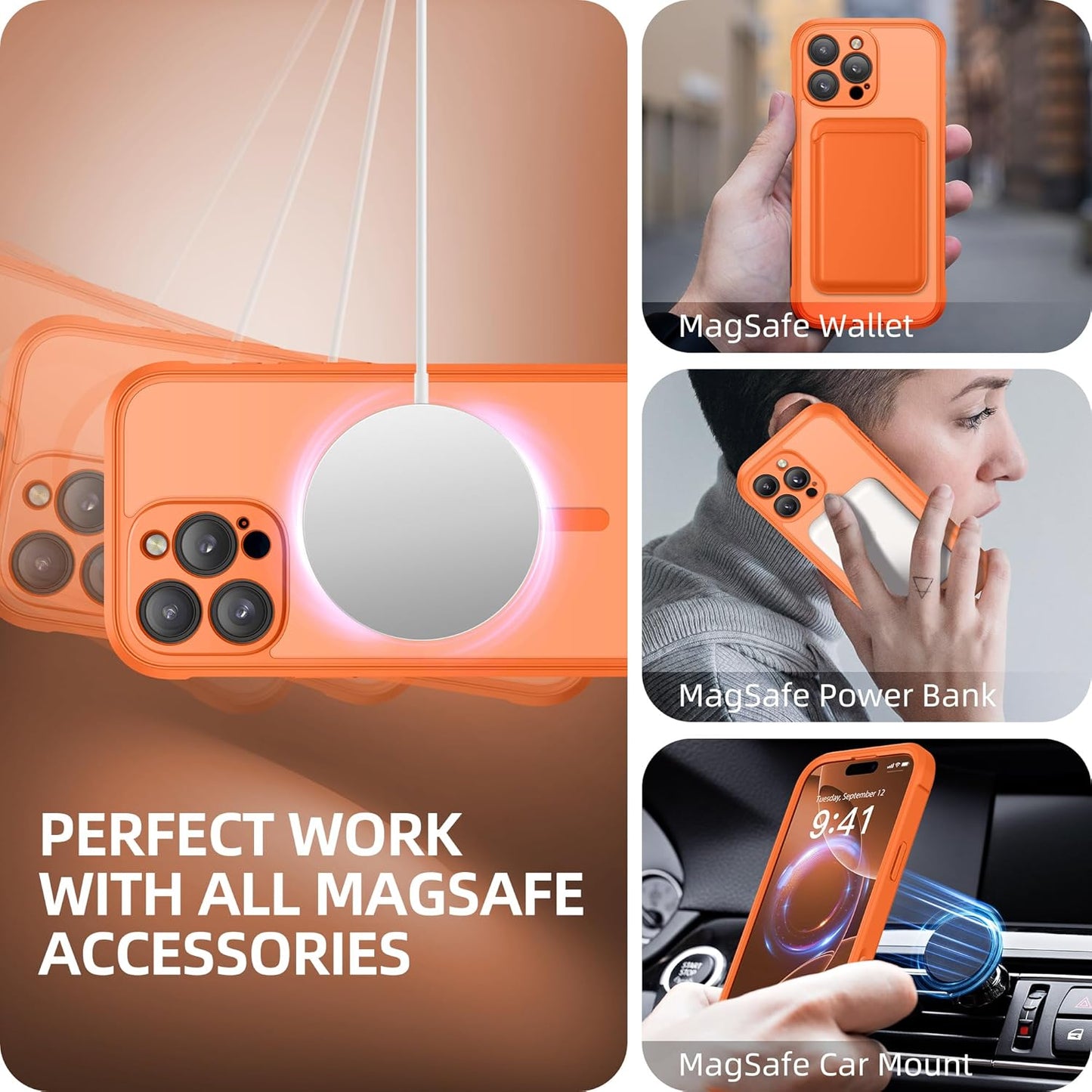 BERFY Magnetic for iPhone 16 Pro Max Case, Compatible with MagSafe, [Built-in 9H Tempered Glass Screen Protector & Camera Protection] Full Body Translucent Matte Phone case for 16 Pro Max, Orange
