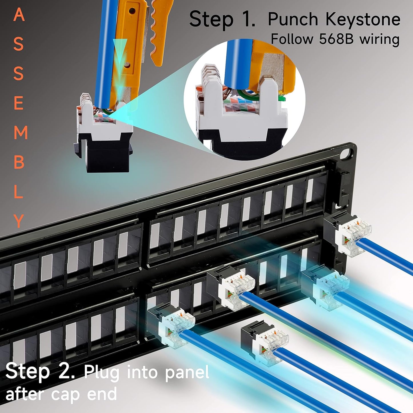 Cat6 Patch Panel 48 Port with Keystone, RJ45 Network Panel 19 Inch, Punch Down Keystone Ethernet Patch Panel with Back Bar