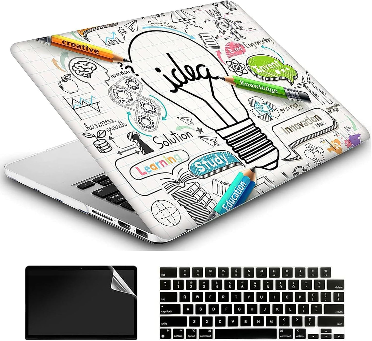 Compatible with MacBook Air 13 Inch Case 2017 2016 2015 2014 2013 2012 2011 2010 Release A1466/A1369, Plastic Hard Shell Case & Keyboard Cover & Screen Protector - Idea Bulb