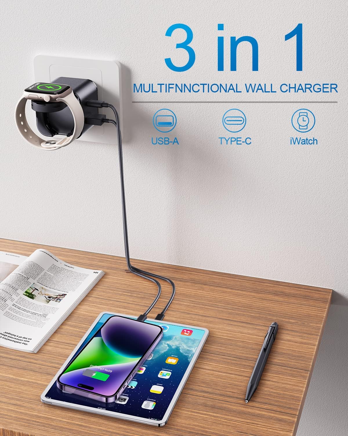 36W for Apple Charging Block with Built-in Watch Charger, Foldable PD Fast Charger Block for iPhone, Dual Ports Wall Charger Compatible with Apple Watch iPhone AirPods(Black)