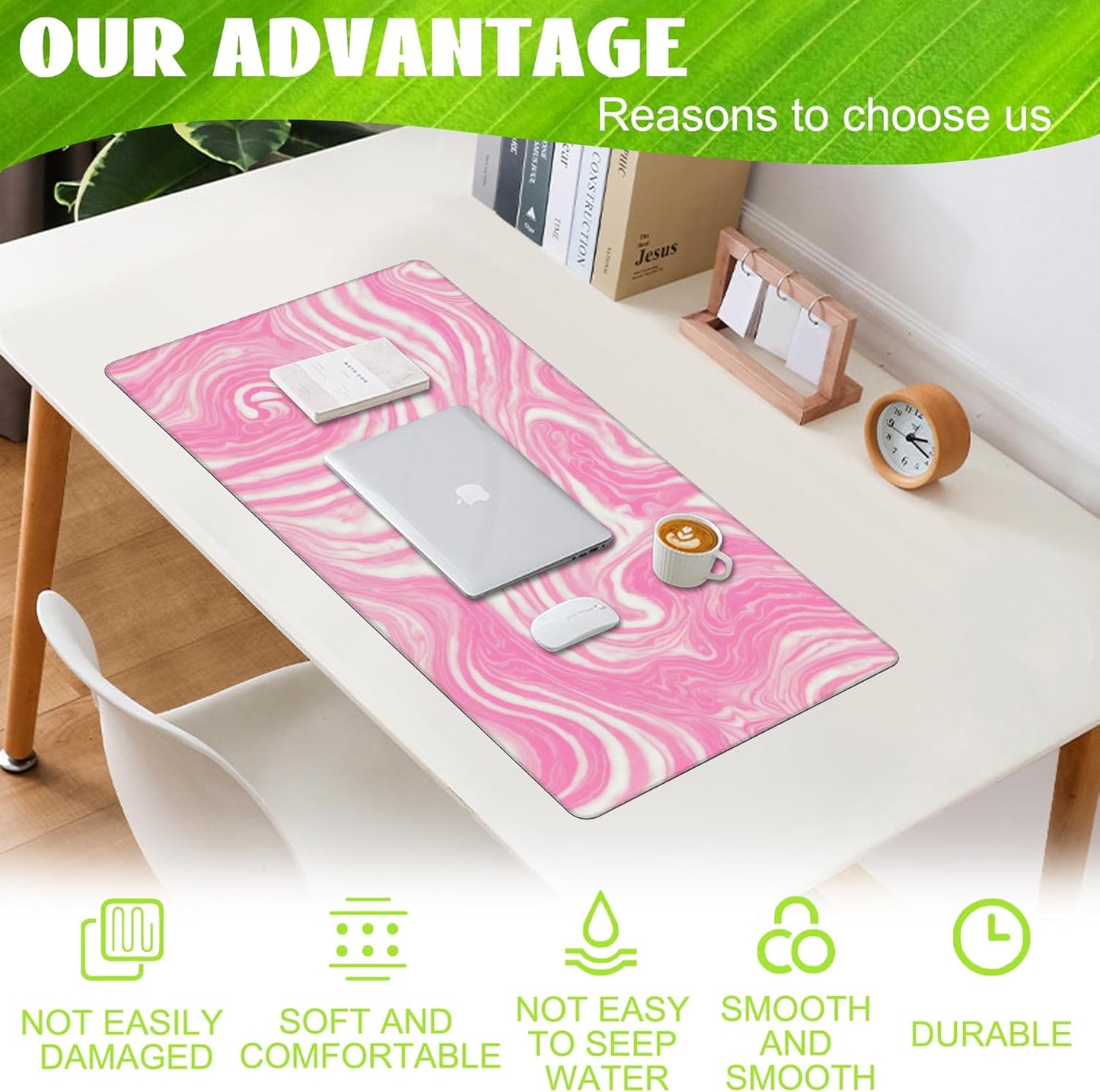 Desk Pad,Pink Marble Swirls Texture Desk Mat,Flow Liquid Waves Large Gaming Mouse Pad for Desk,Extended Big Computer Keyboard Mouse Pad with Non-Slip Base and Stitched Edge,35.4"x15.7"