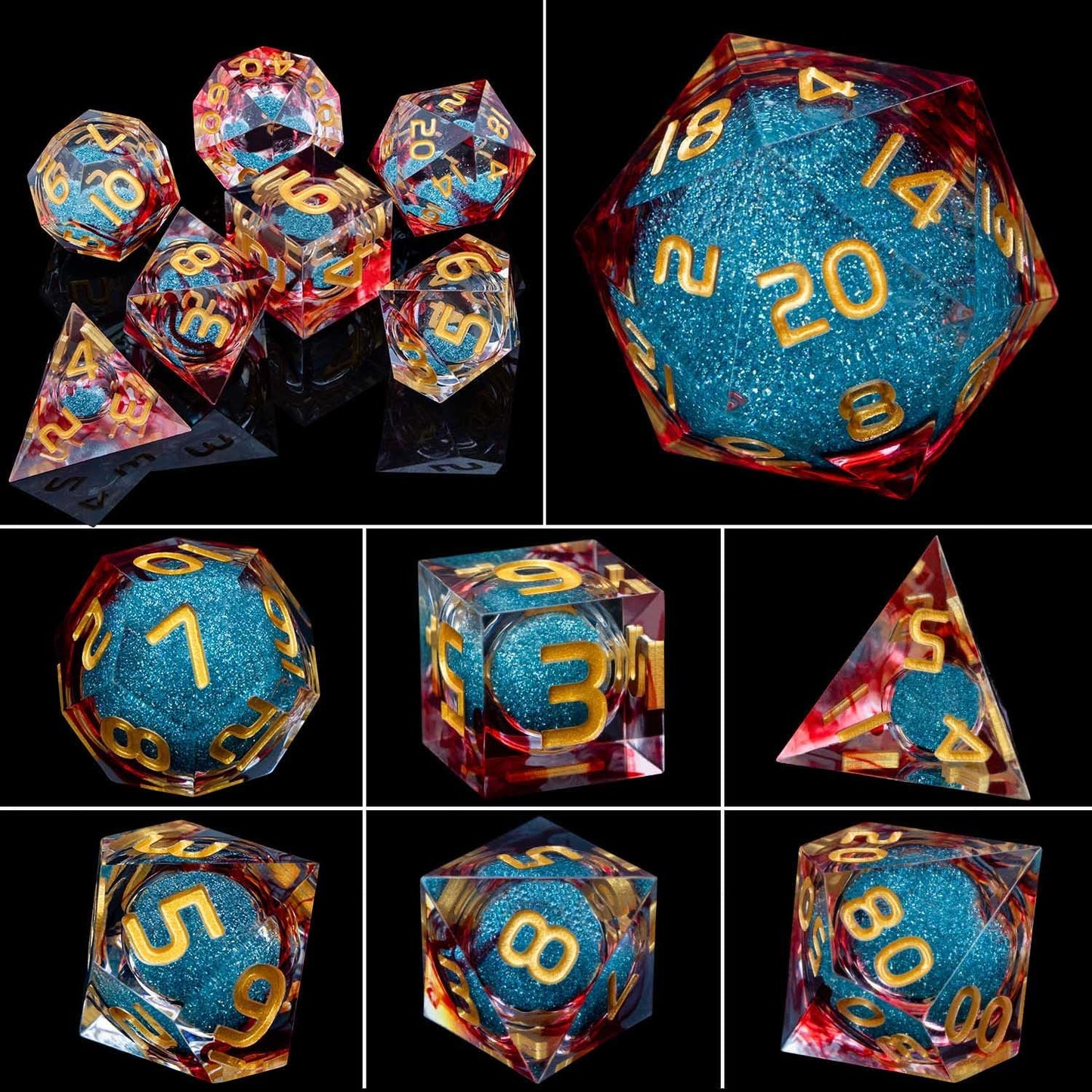 ARUOHHA Liquid Core DND Dice Set, 7pcs Resin Sharp Edged Dice RPG Red Blue Polyhedral D and D Dice with Gift Box, Role Playing Dice Set D20 D12 D10 D8 D6 D4