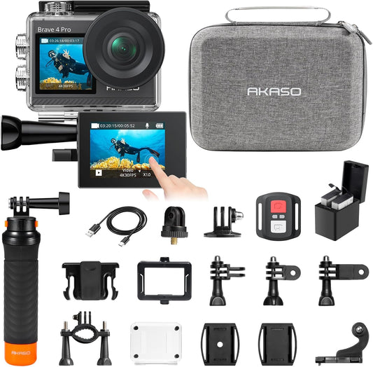 AKASO Brave 4 Pro Action Camera with Waterproof Floating Hand Grip Bundle - 4K30 20MP Ultra Hd EIS 131ft Underwater Camera 5xZoom Touch Screen WiFi Remote Control with Helmet Carry Bag Accessories Kit