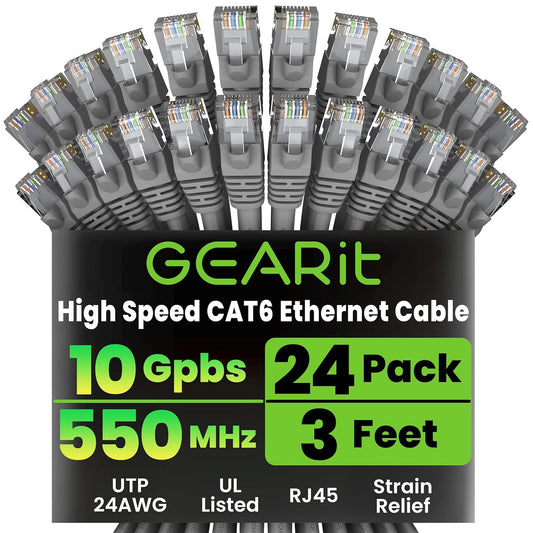 GearIT Cat 6 Ethernet Cable (24-Pack 3 Feet) Cat6 Network Patch, 10Gbps, RJ45, Snagless Cord, Gold-Plated Connectors, Internet for PC, TV, Tablet, Router, Printer, Servers, IT Data Center - Gray