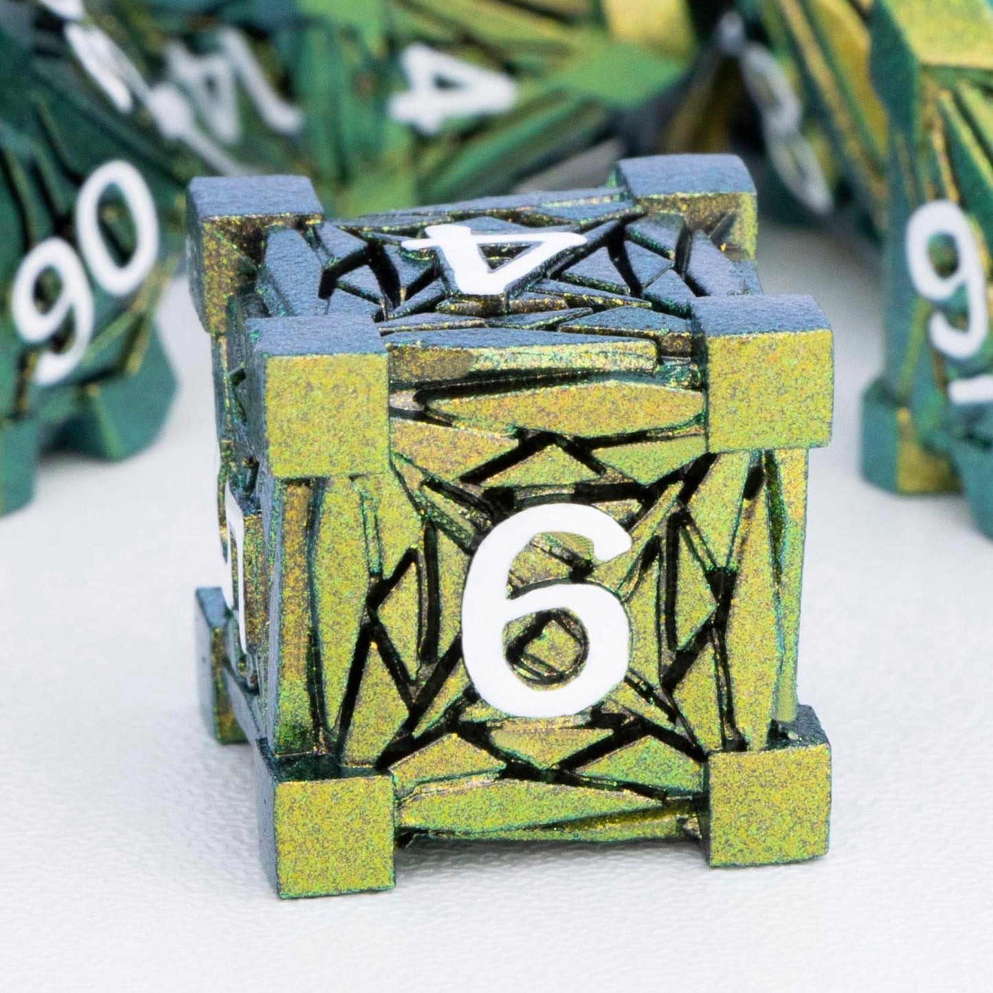 7PCS Metal DND Dice Set with Box, Debris RPG Green Yellow D and D Dice for use with D&D Tabletop Games Role Playing Game Polyhedral Dice Set D20 D12 D10 D8 D6 D4