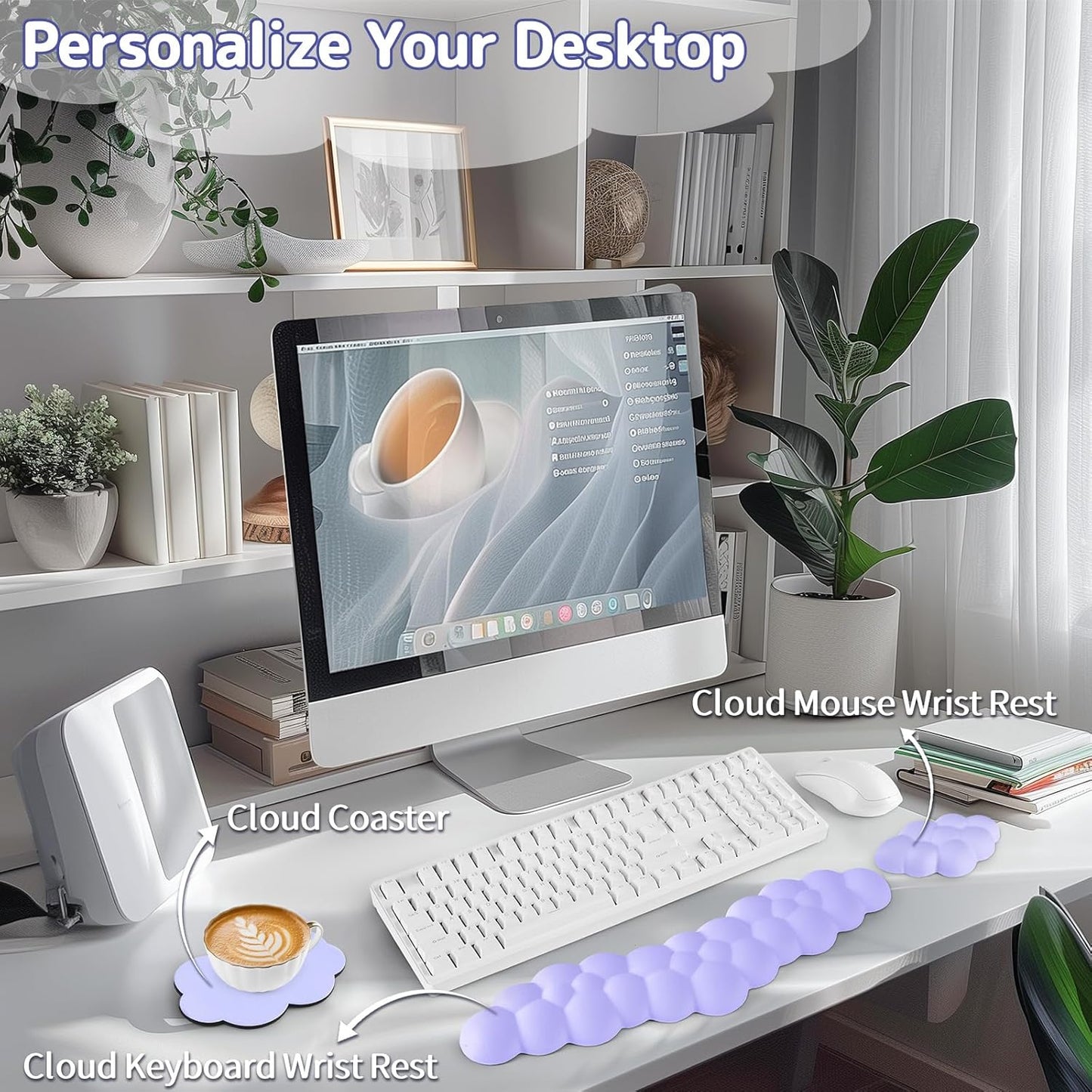 Cloud Wrist Rest for Keyboard and Mouse, Memory Foam PU Leather Keyboard Wrist Rest with Ergonomic Support, Non-Slip Base, Cute Arm Rest Pad & Palm Cushion, Office Desk Accessory, Purple