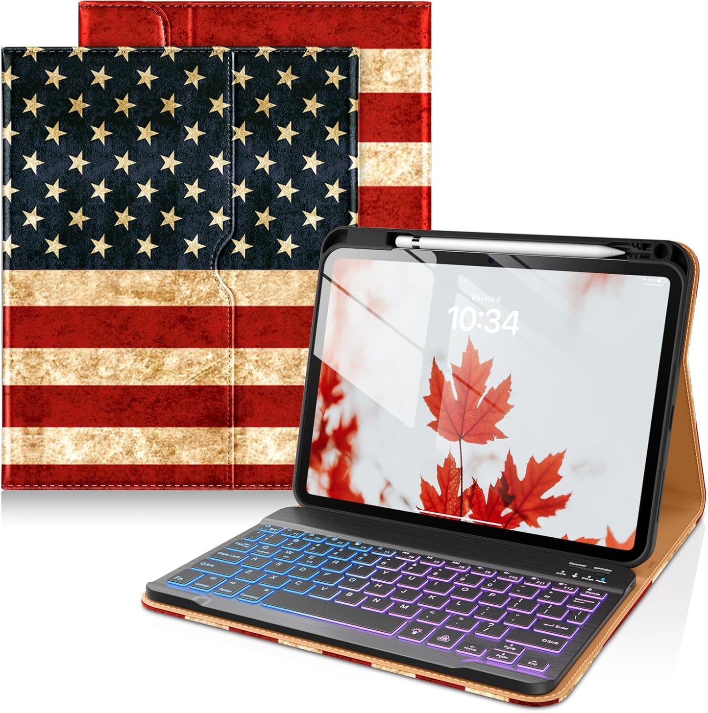 DTTO for iPad 11th (A16)/ 10th Generation Case with Keyboard (2025/2022), 7 Colors Backlit Wireless Detachable Keyboard Leather Folio Cover with Pencil Holder & Pocket, US Flag