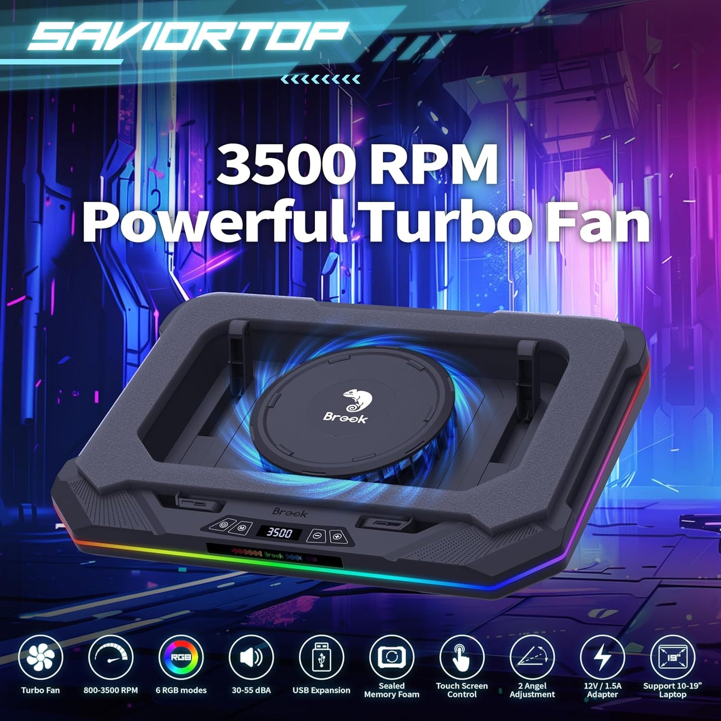 Brook Saviortop Gaming Laptop Cooler, IC Core Cooling Pad with Advanced Turbo Fan, Fast Cooling for Laptops 10-19in, Adjustable Speed, Touch Control, USB-C & USB-A Ports, Compact & Portable Design
