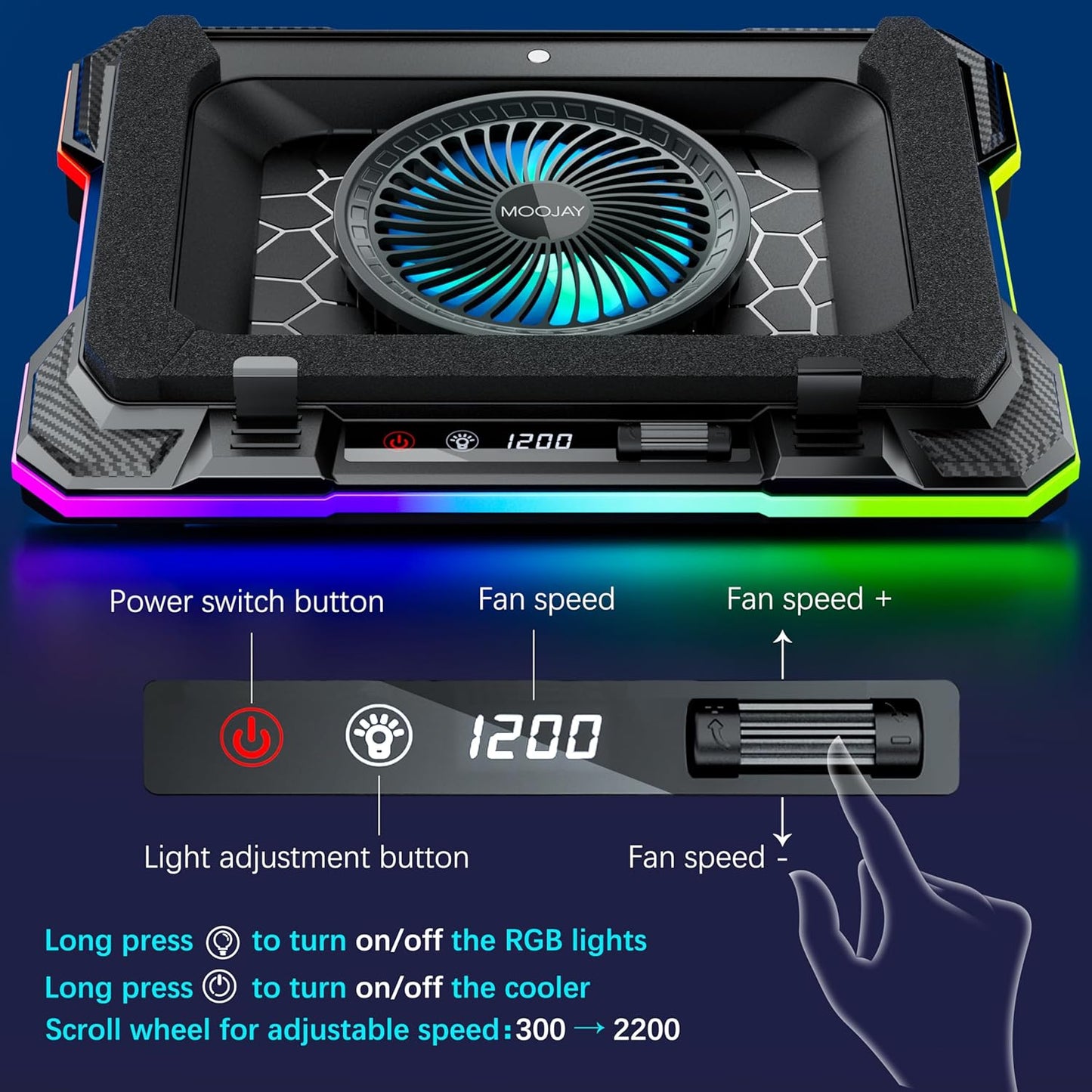 Laptop Cooling Pad Powerful Turbo Fan RGB Gaming Notebook Cooler, Moojay Laptop Fan Cooling Stand with 8 Adjustable Heights and Phone Holder, for 14-19 Inch Laptops - Ice Blue LED Light