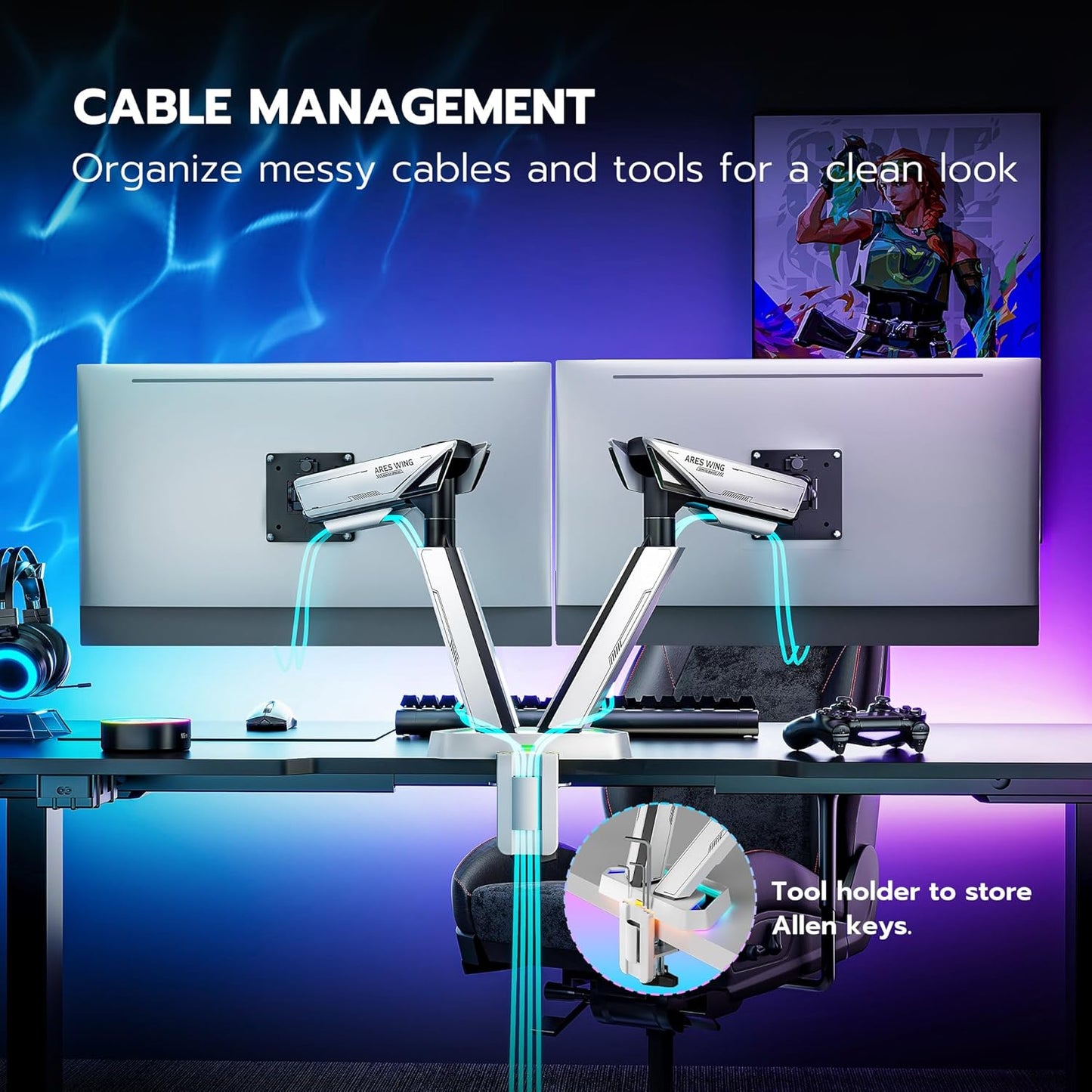 ARES WING RGB Dual Monitor Arm for 17-38" Ultrawide Screens, Holds 35.2lbs, Heavy Duty Dual Monitor Stand for Desk, Adjustable Double Monitor Mount with Clamp & Grommet Base, 75/100 VESA Mount, White