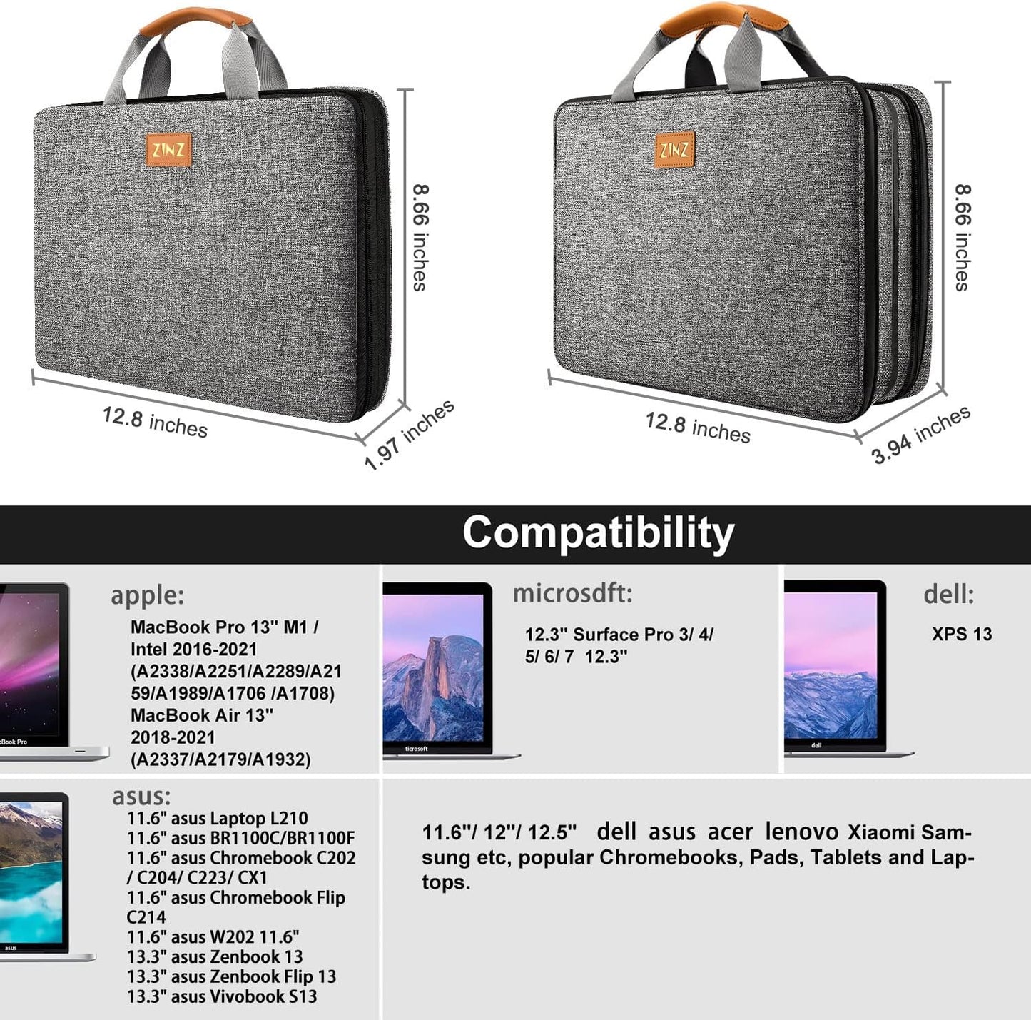 ZINZ Laptop Case Computer Sleeve Briefcase with Multi-pockets for 11.6 12.9 13 13.3 14 15 15.6 16 inch Notebooks