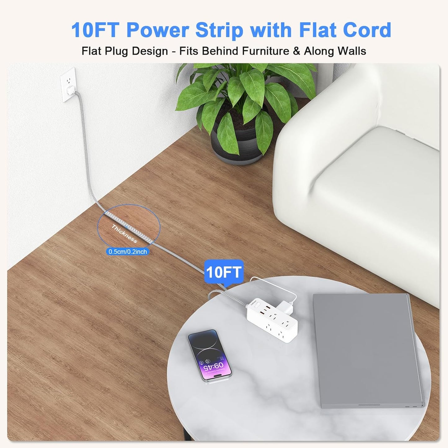 Extension Cord with Multiple outlets, 10 Ft Braided Power Cord, 6 Widely Outlets with 3 USB Ports (1 USB C), Ultra Thin Flat Plug, 3 Sided 1050J Power Strip Surge Protector for Home Travel Office