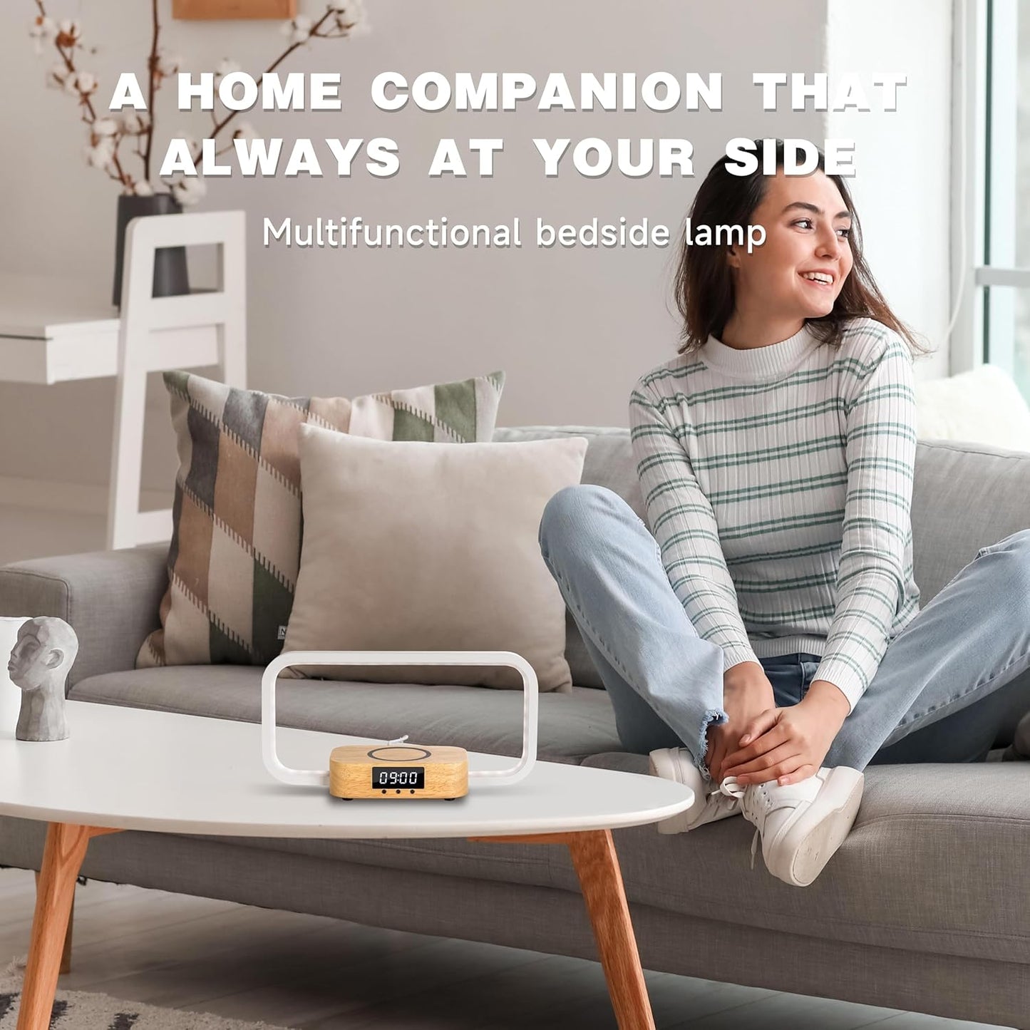 Bedside Lamp with Wireless Charger & USB Port – Touch Control Nightstand Table Lamps, RGB Color Changing, Stepless dimming, 7 Color, Modern LED Desk Lamp with Clock for Bedroom, Gifts for Women, Men