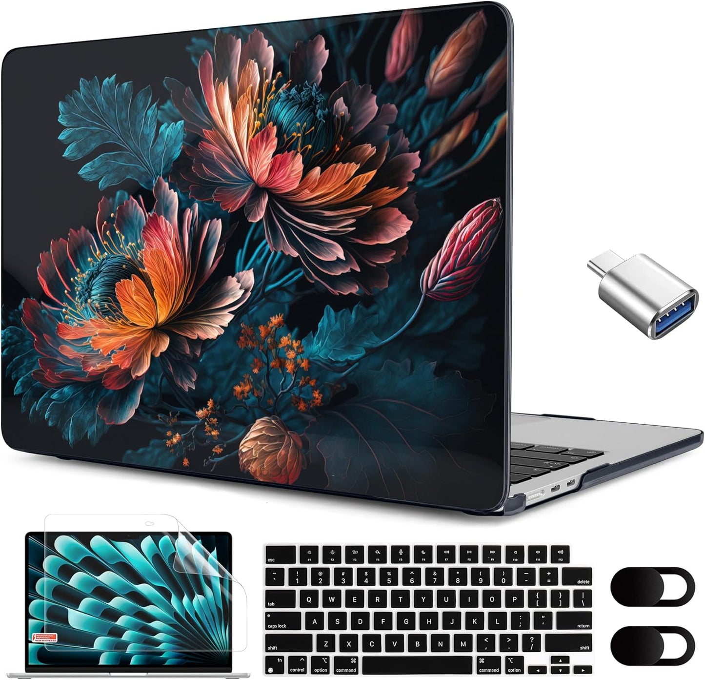 MEEgoodo for M4/M3/M2 MacBook Air 15.3 inch Case 2025 2024 2023, Case Fit Model (A3241/A3114/A2941) for MacBook Air 15 inch, Laptop Hard Shell with Keyboard Cover, Bunch Flowers