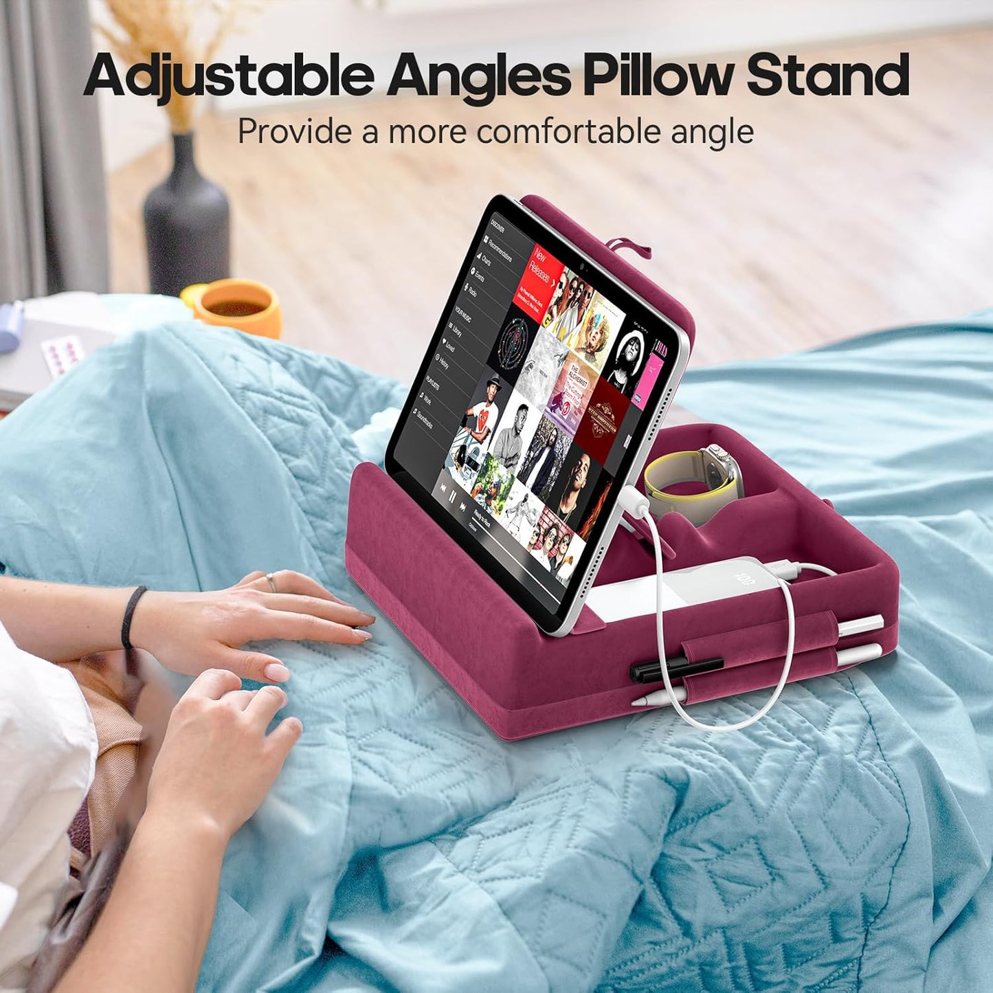 KDD Tablet Pillow Stand with Storage, Foldable iPad Holder for Lap, Desk and Bed, Angle Adjustable Soft Pad Dock with Stylus Mount Compatible with iPad Pro, Air, mini, Book, Phone and Tablet (4-13")