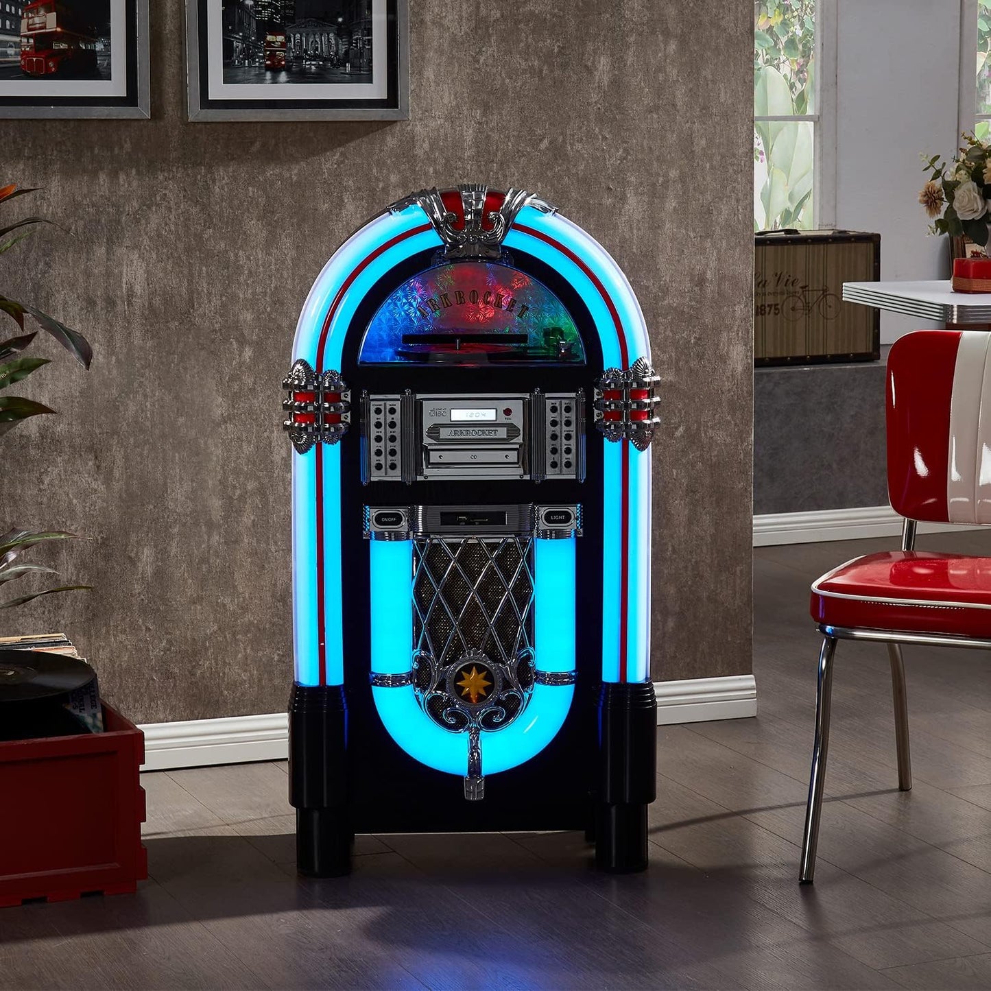 Arkrocket Taurus II Mid-Size Jukebox Vinyl Record Player Bluetooth USB SD CD Player Radio Retro Turntable Classic Jukebox (Taurus II - Black)