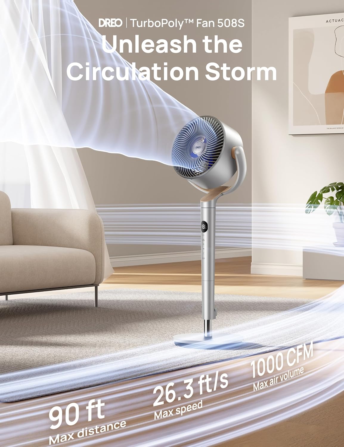 Dreo Smart Fans for Bedroom, 120° +120° Omni-Directional Oscillating Fan, 90ft Quiet Pedestal Fan with RGB Light, 9 Speeds, 6 Modes, 20dB, 8H Timer, Wi-Fi/Voice, 37-42" Floor Fans with Remote, Silver