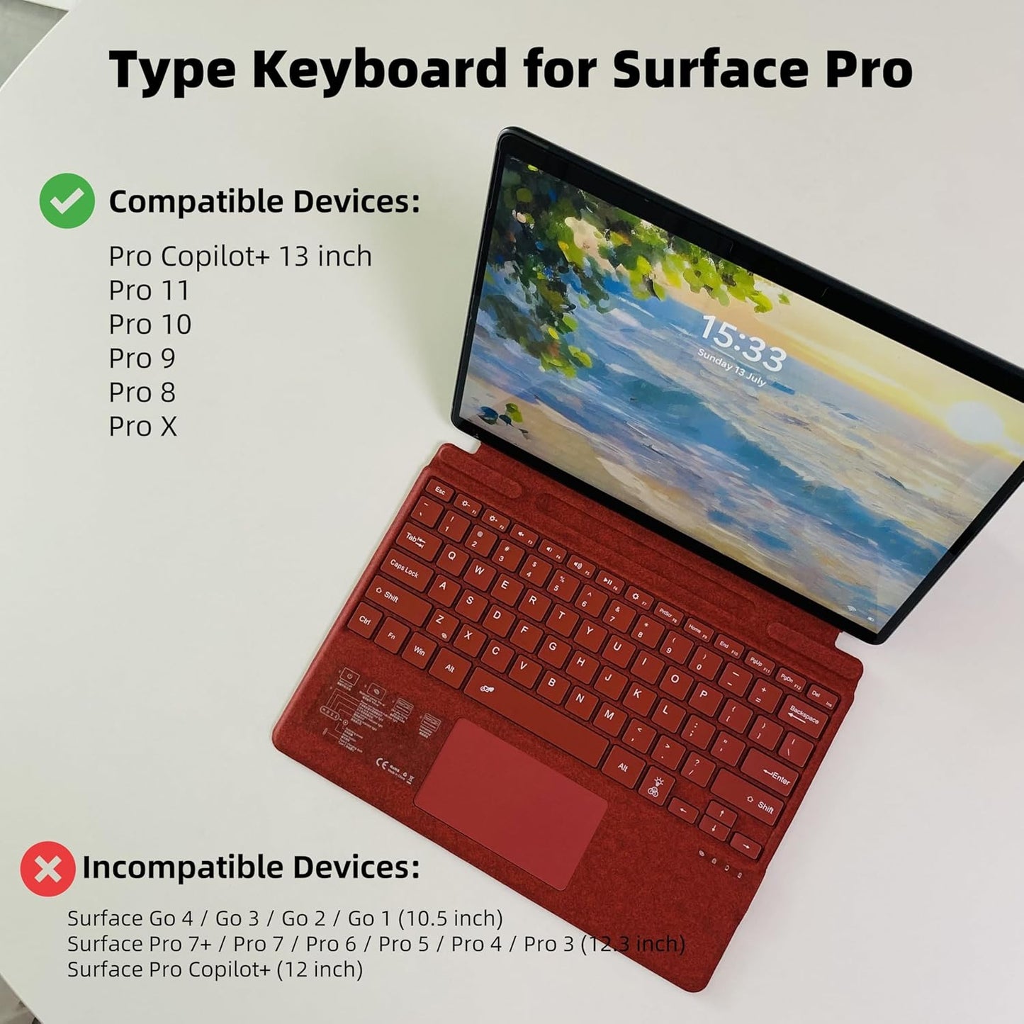 Keyboard for Microsoft Surface Pro Copilot+ (11th Edition) / Pro 11 / Pro 10 / Pro 9 / Pro 8 / Pro X, 13 inch, Detachable Type Cover with Touchpad, 7-Color Backlit & Pen Holder (Poppy Red)