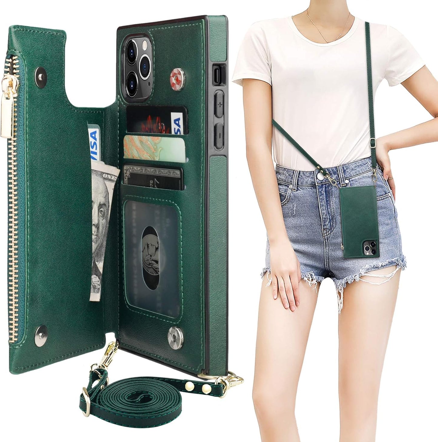 Bocasal Crossbody Wallet Case for iPhone 11 Pro Max with Card Holder,Zipper Card Slot Protector Shockproof Purse Cover with Removable Cross Body Strap 6.5 Inch(Green)