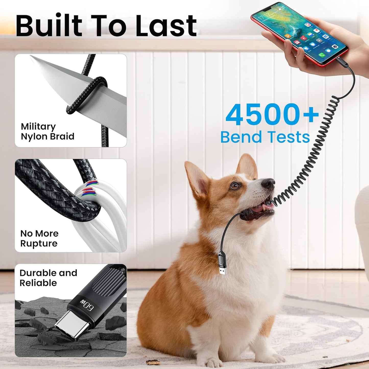 Coiled USB A to USB C 2Pack 3FT Braided Retractable Fast Charging Cable for Car, Compatible with iPhone 16/15 Pro Max/Galaxy S24/S23/S22, Supports Car Play & Android Auto-Black