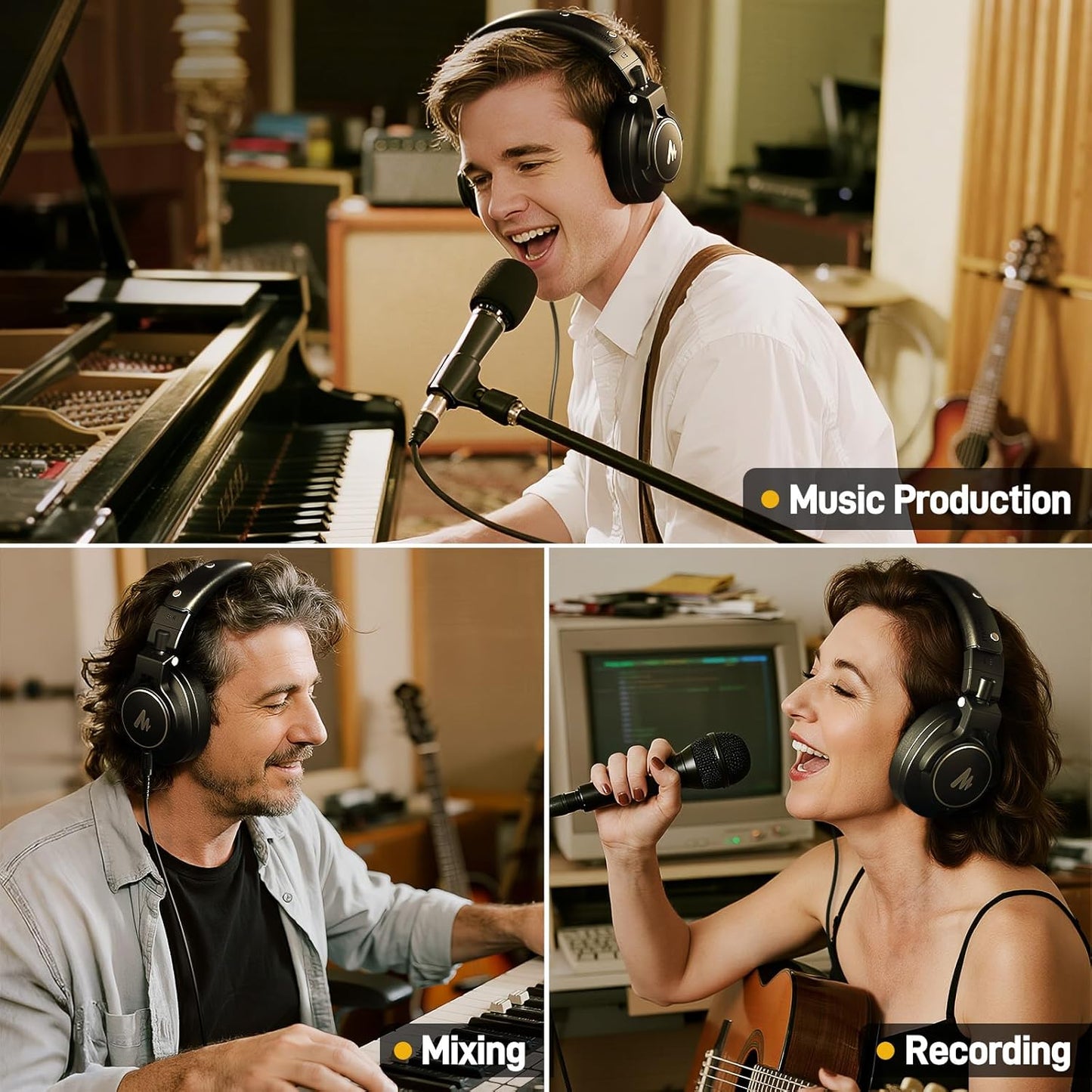 MAONO Studio Monitor Mixing DJ Headphones, 50mm Neodymium Driver Over Ear Wired Headphones with 3.5mm to 6.35mm Jack for Guitar AMP, Piano, Keyboard, Computer, Streaming, Recording, Podcast MH700