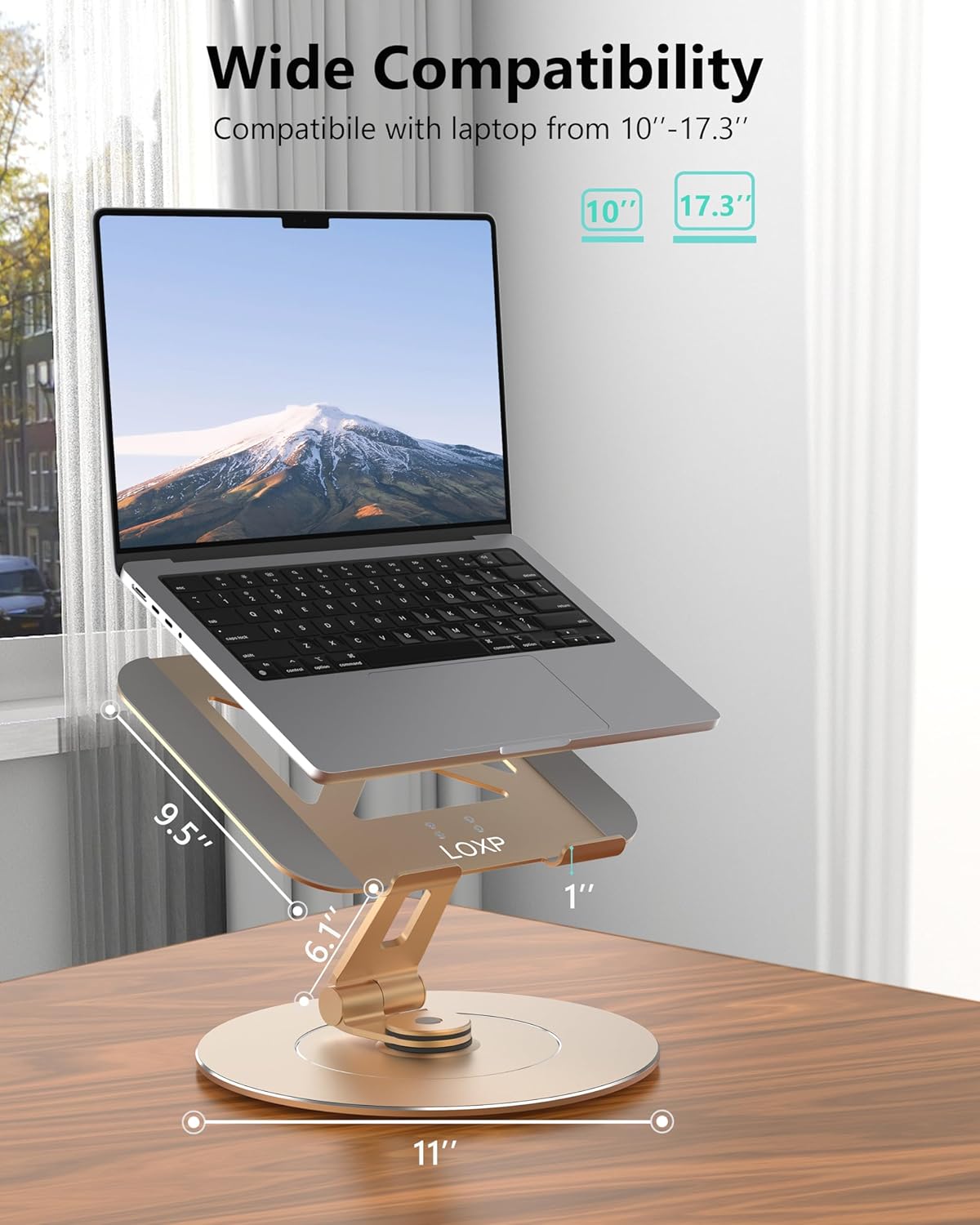 Ultra-Stable Aluminumy Swivel Laptop Stand for Desk with Rotating Foldable Phone Holder, 300% Large Base Stability, Anti-Loosening,Suitable for 10"-17.3" Laptops, Champagne Golden