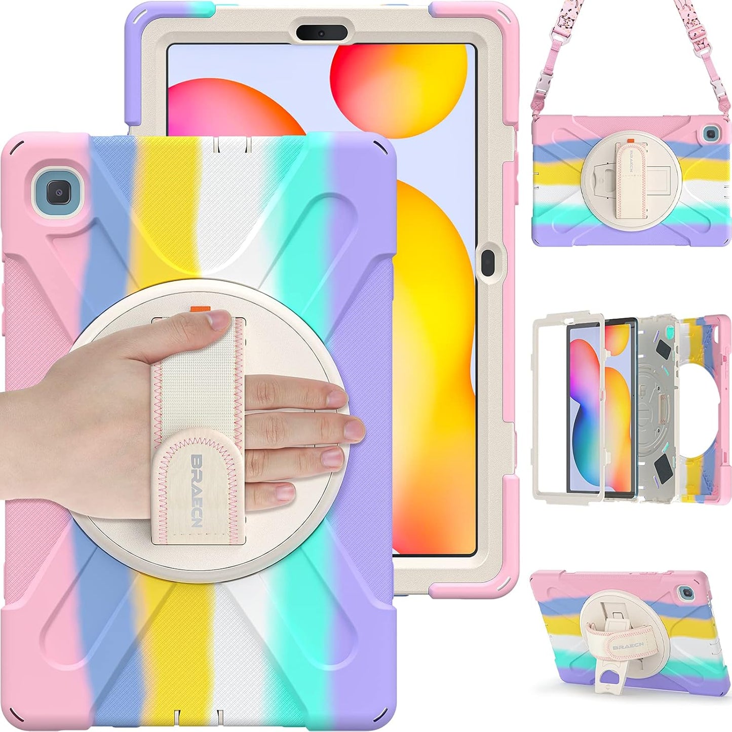 BRAECN for Galaxy Tab S6 Lite Case for Kids,Heavy Duty Rugged Shockproof Case with Hand Strap, Shoulder Strap, Stand, S Pen Holder for Samsung Galaxy Tab S6 Lite 10.4” Tablet SM-P610/P613 -Rainbow