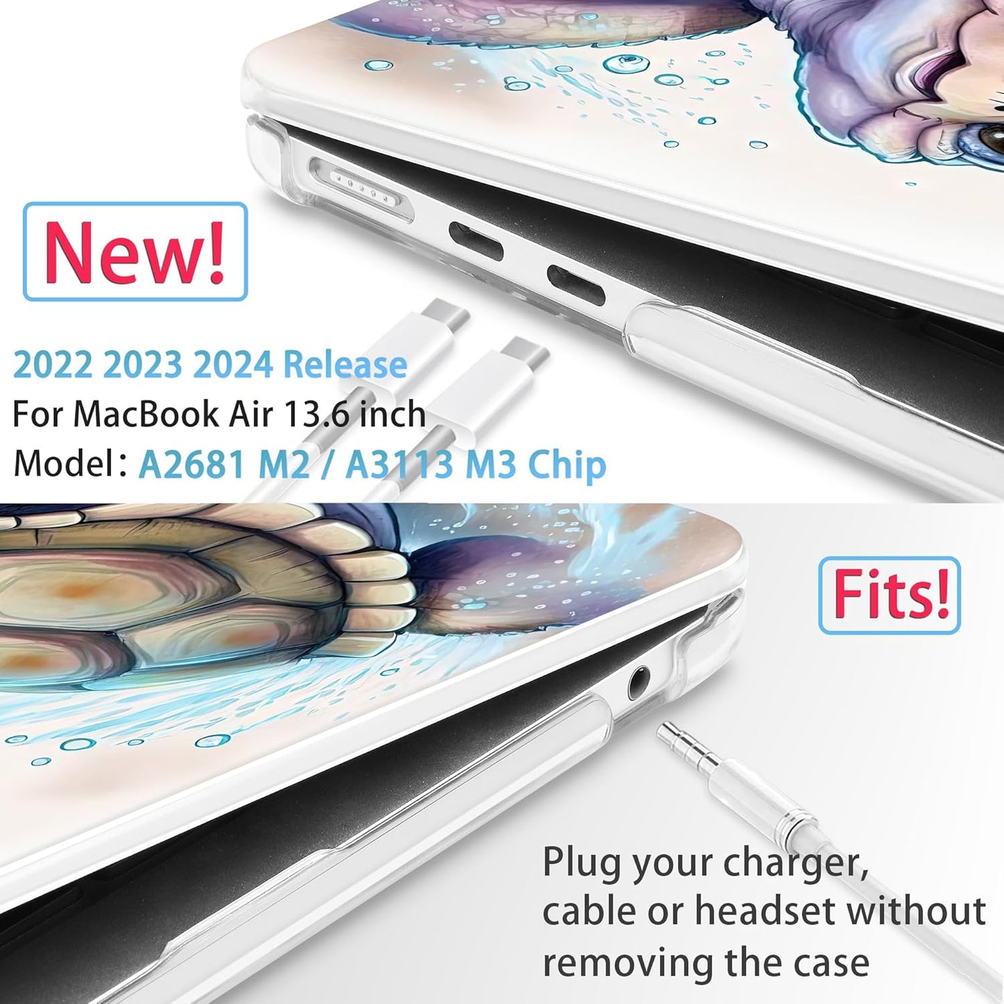 Mektron for 2024 M3 MacBook Air 13.6 Inch A3113 Case Fits 2022 2023 A2681 M2 Chip with Liquid Retina Display Touch ID, Printed Plastic Hard Shell Cover for MacBook Air 13.6", Cute Turtle
