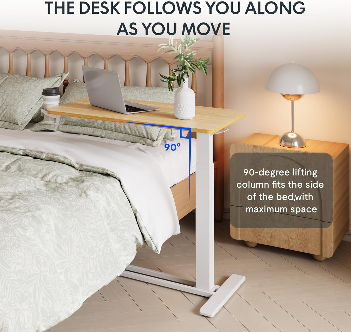 FLEXISPOT Adjustable C Table with Wheels, Mobile Snack Side End Table Sofa Couch Bedside Table Laptop Rolling Cart TV Tray Night Stand Small Space Side Table,(31.5" W x 17.7" D,Maple)