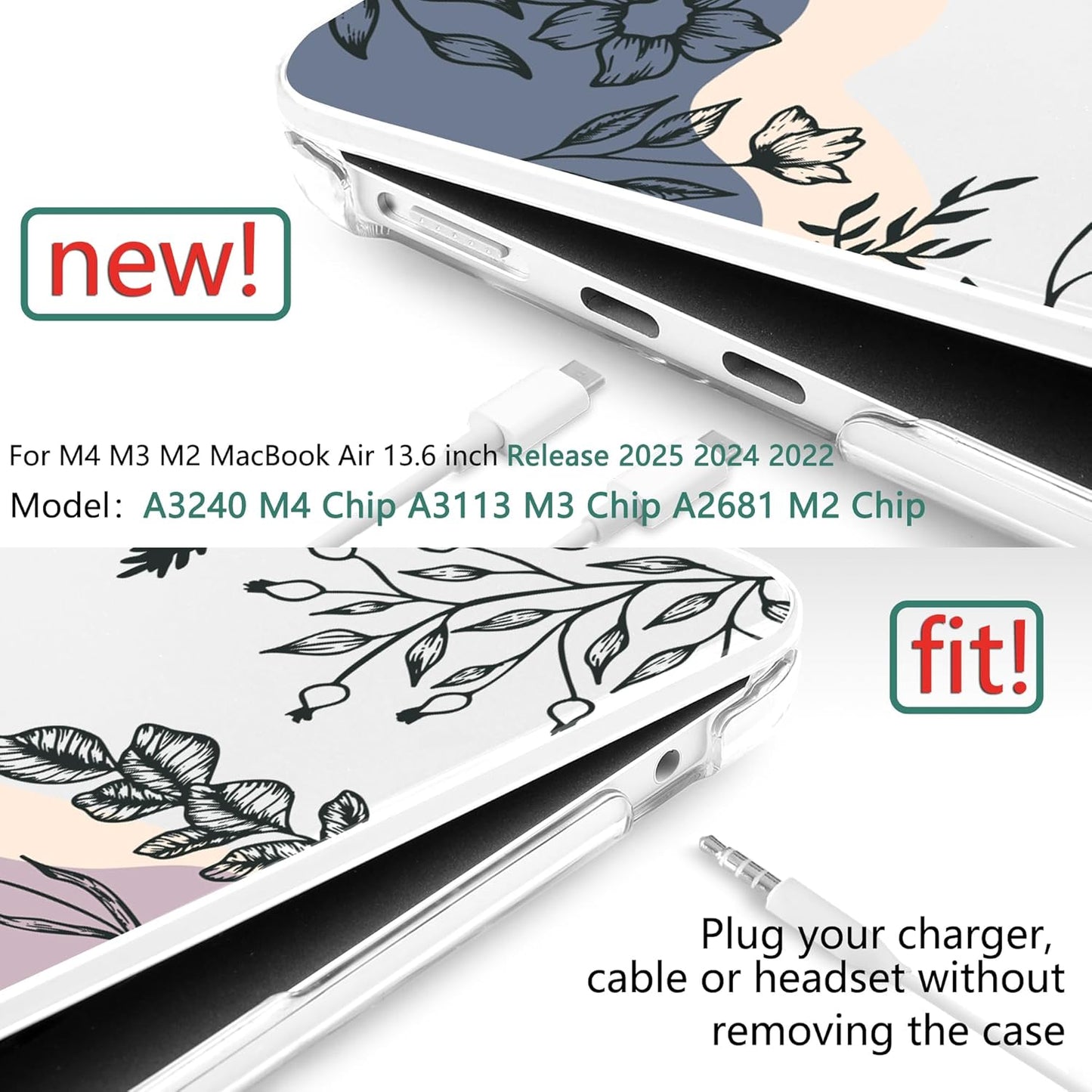 TWOLSKOO Compatible with M4 MacBook Air 13.6 inch Case 2025-2022 Release M4 A3240 M3 A3113 M2 A2681, Plastic Hard Shell & Keyboard Cover & Type C Adapter & Screen Protector, Spring Line Art