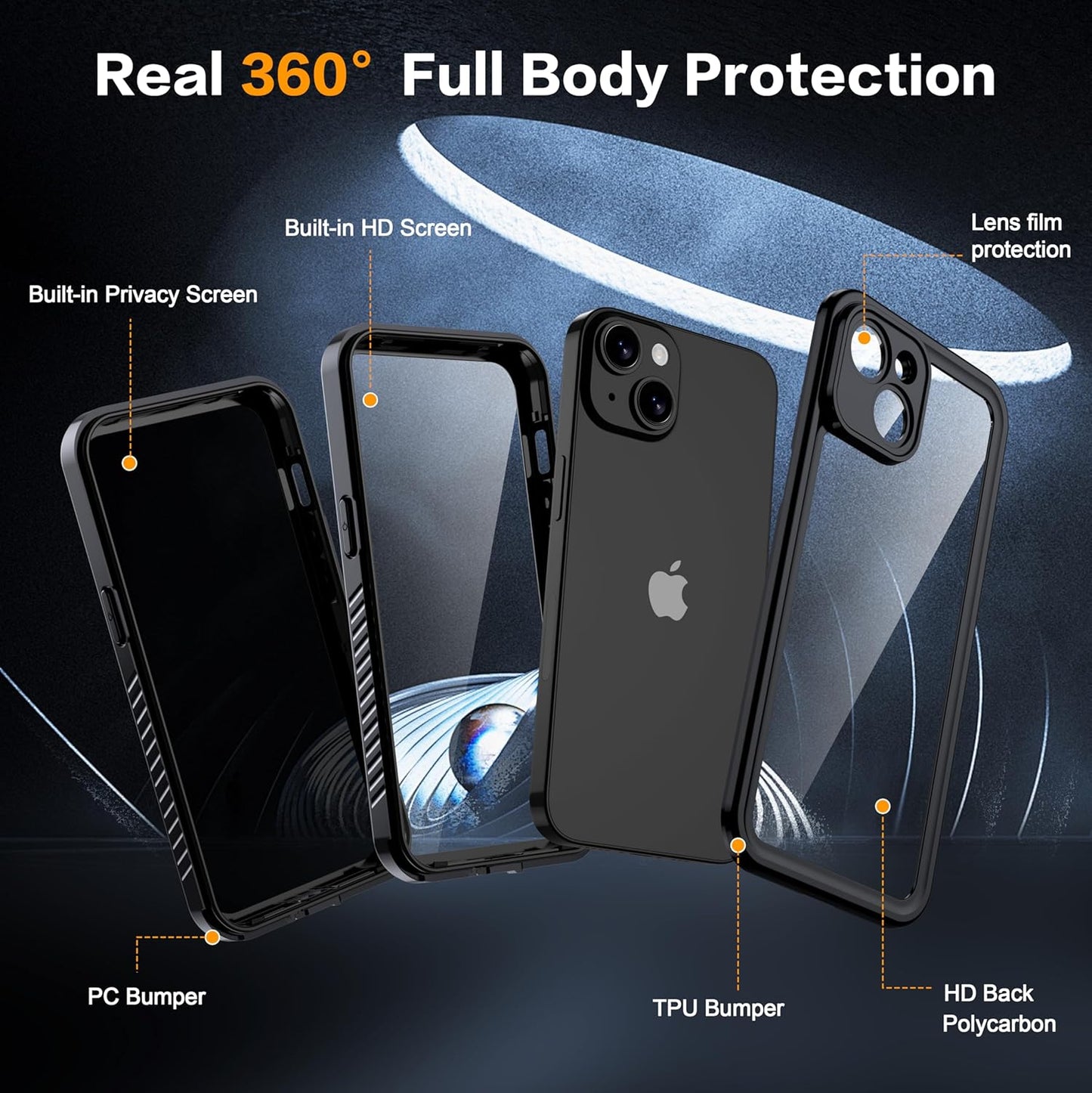 for iPhone 14 Case Waterproof - Built-in Privacy Screen Protector & HD Screen Protector [IP68 Underwater] Shockproof Dustproof Full Body Protection iPhone 14 Phone Case Black