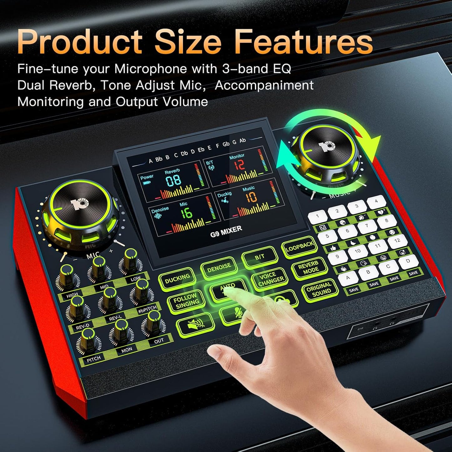 Audio mixer, suitable for live streaming, singing, and gaming on computers/phones; podcast mixer with real-time sound card, noise reduction function, and one-click mute function