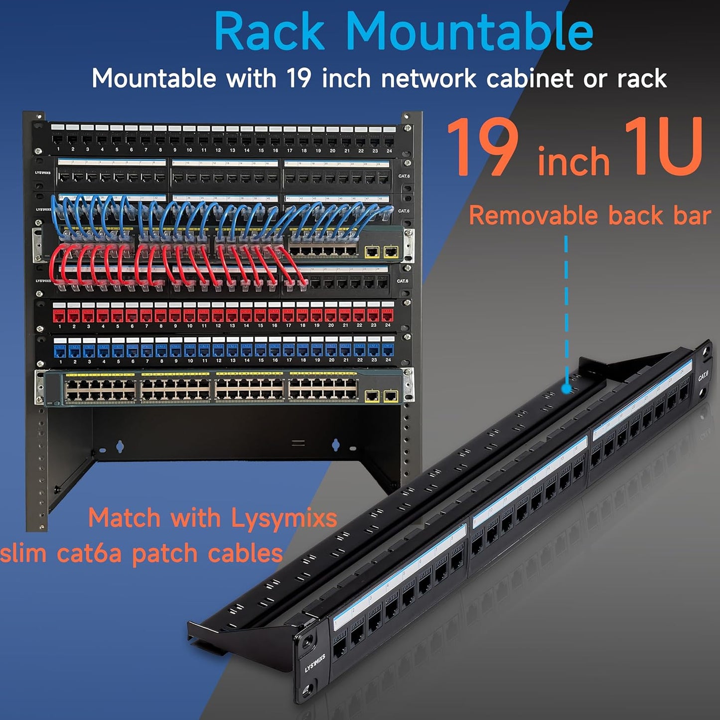 24 Port RJ45 Patch Panel Cat6 Feed Through, Coupler Network Panel 19 Inch, Inline Keystone Ethernet Patch Panel with Back Bar