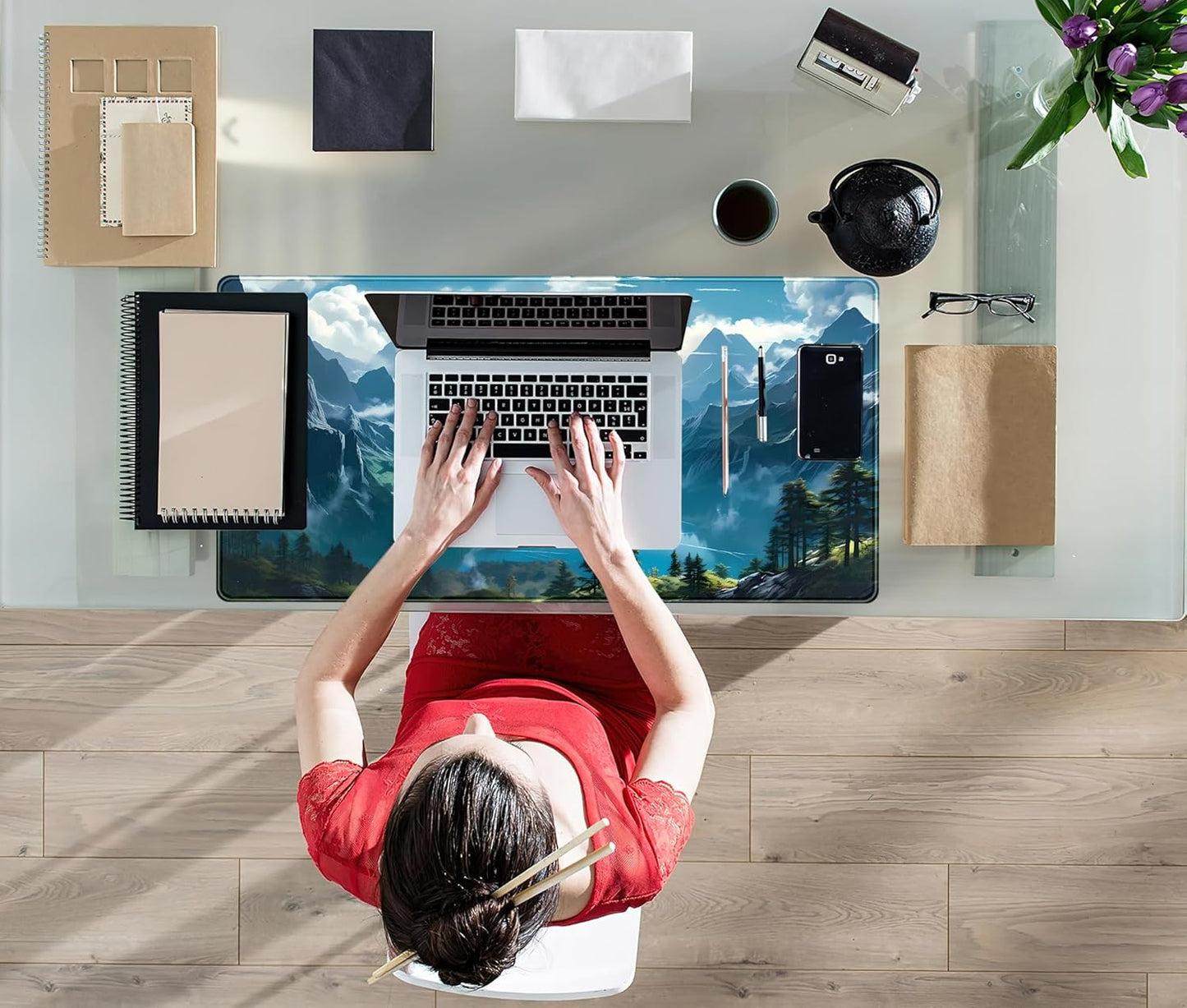 Aesthetic Mountain Vista Desk Mat, Blue Natural Wonder XXL Large Extended Gaming Mouse Pad Mat Non-Slip Mousepad, Computer Keyboard and Mouse Mat, Desk Pad with Stitched Edges, 31.5x15.75 in