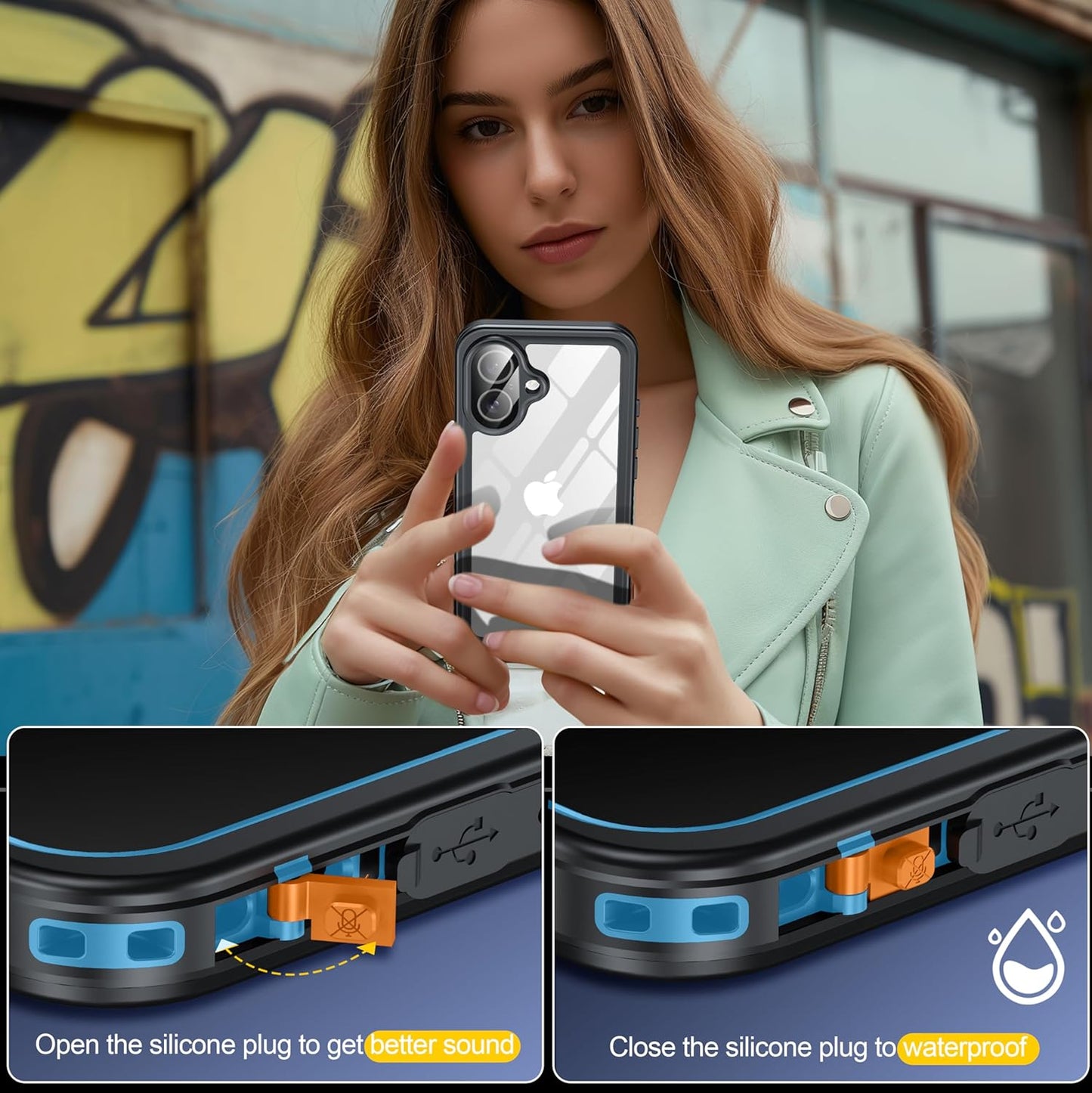 for iPhone 16 Case Waterproof, Built-in Privacy Screen & HD Screen Double Front Frame [IP68 Underwater] Shockproof Dustproof Full Body Protection iPhone 16 Phone Case Blue