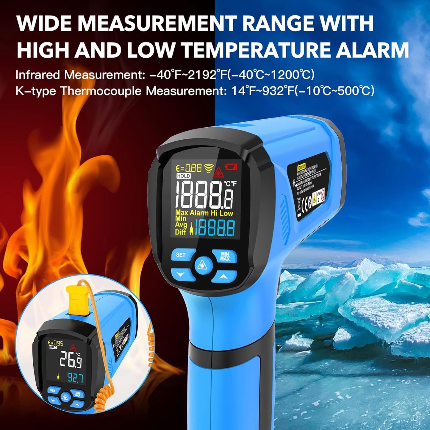Infrared Thermometer Temperature Gun, -40℉ to 2192℉ Dual Laser High Temp Thermometer with LCD Color Display, Non-Contact Industrial Pyrometer 50:1 Distance Ratio, Adjustable Emissivity