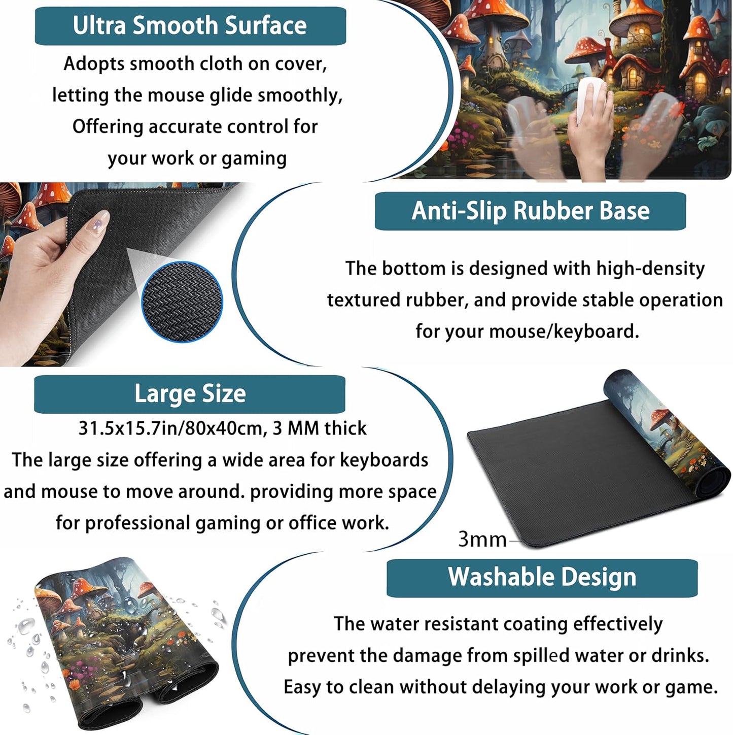 Cute Anime Mushroom Desk Pad Floral Desk Mat, XXL Large Extended Mousepad Gaming Mouse Pad Computer Mat with Stitched Edges, Fantasy Office Decor Laptop Keyboard and Mouse Mat, 31.5x15.75 in