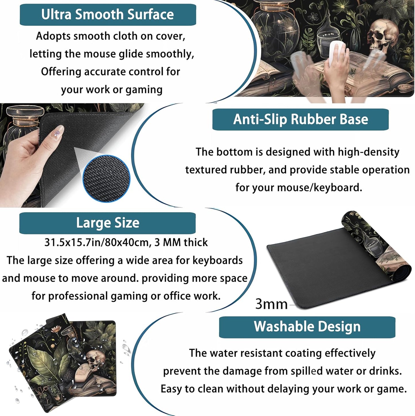 Cute Skull Desk Mat Dark Academia Desk Matt for Desktop Kawaii Anime Plants Mouse Pad XXL Extended Large Gaming Desk Pad, Laptop Computer Keyboard Mouse Mat Office Decor Accessories, 31.5x15.75 in