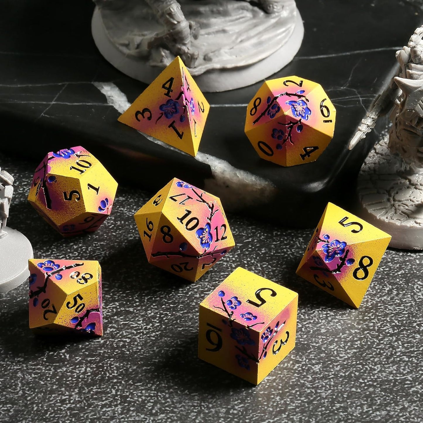 DNDND Flowers Metal Dice, 7 PCS Metallic DND Dice with Gorgeous Gift Case for D&D Dungeons and Dragon Tabletop Game (Earth Yellow and Purple)