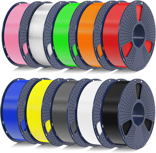 SUNLU PETG Filament 1.75mm 10KG Bundle, Individually Vacuum-Sealed, 3D Printer Filament 10kg, 1kg per Spool, 10 Pack, 10 Colors, Black+White+Grey+Blue+Red+Green+Orange+Yellow+Pink+Transparent