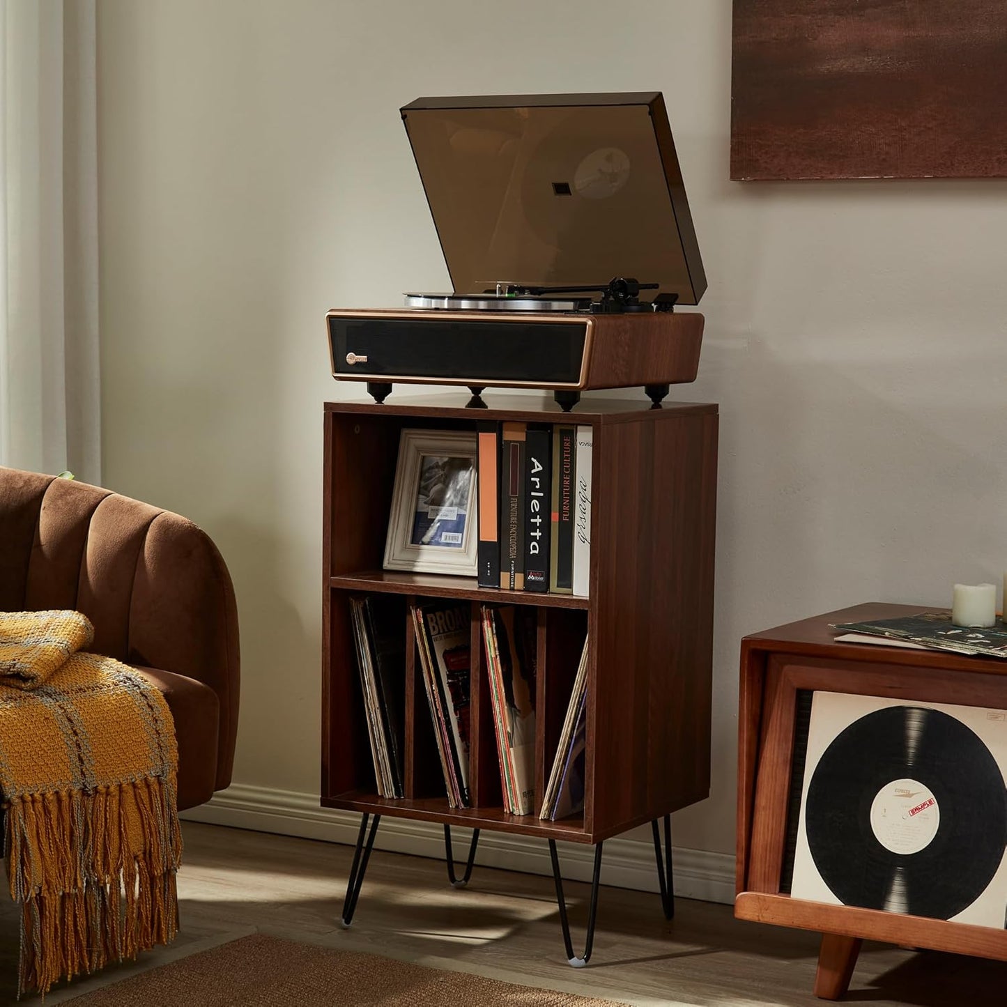 Arkrocket Huygens High Fidelity Bluetooth Record Player with Built-in Speakers Belt Drive Vinyl Turntable with Moving Magnet Cartridge, Bluetooth Input Output and Aux-in (Huygens Walnut + Audio Rack)