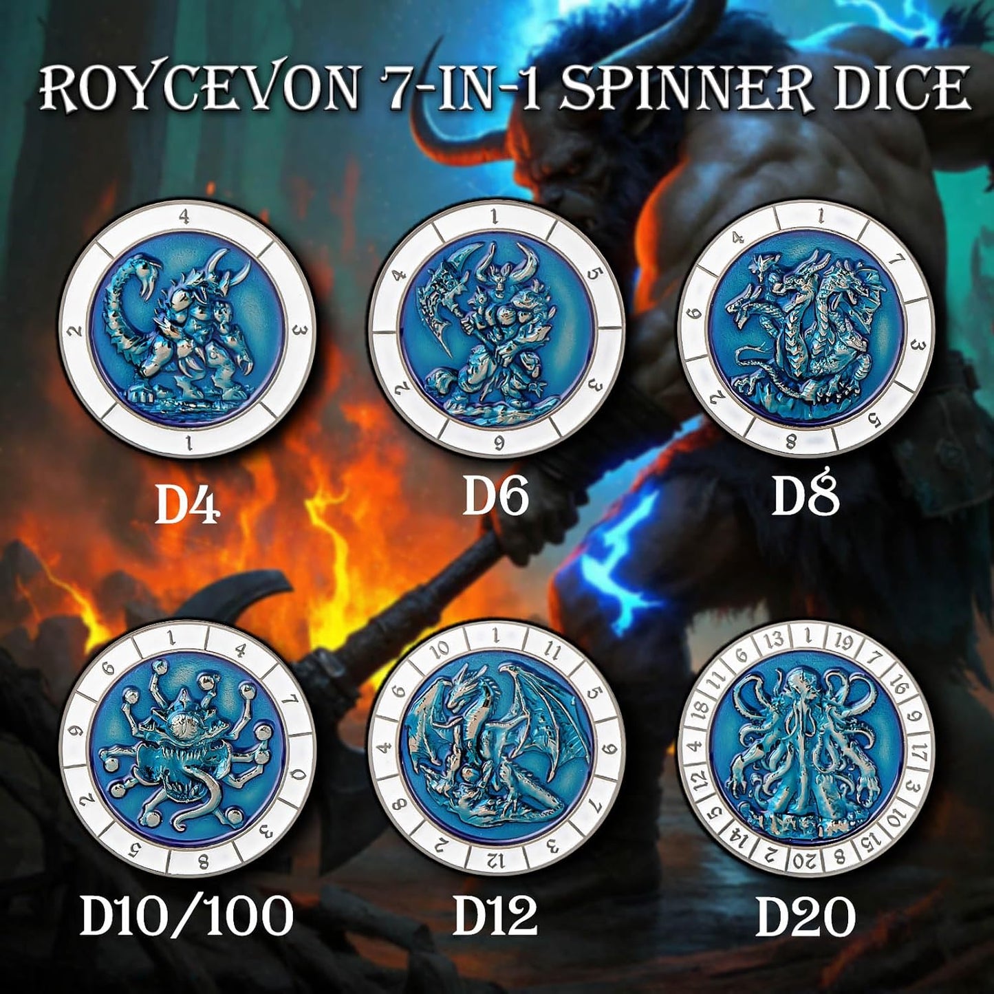 7 in 1 D6 Spinner DND Dice Set D&D, Metal Cube D and D Dice with Gift Box, Dungeons Dragons Role Playing Dice, Black Blue