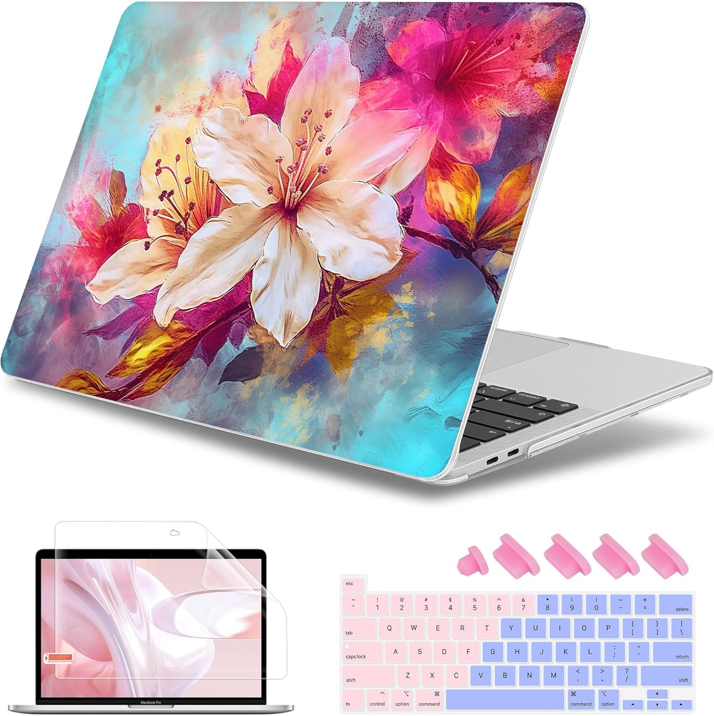 May Chen for New MacBook Pro 13 Case 2022 2020 Release (A2338 M1 M2/A2289/A2251), Plastic Crystal Hard Shell Case Cover with Keyboard Cover for MacBook Pro 13-inch Touch Bar, Watercolor Floral